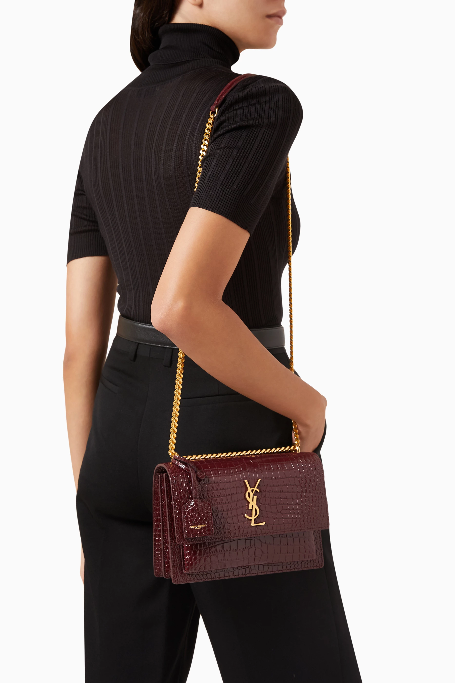 Buy SAINT LAURENT Burgundy Medium Sunset Chain Shoulder Bag in Croc embossed Leather For Women Online Ounass UAE