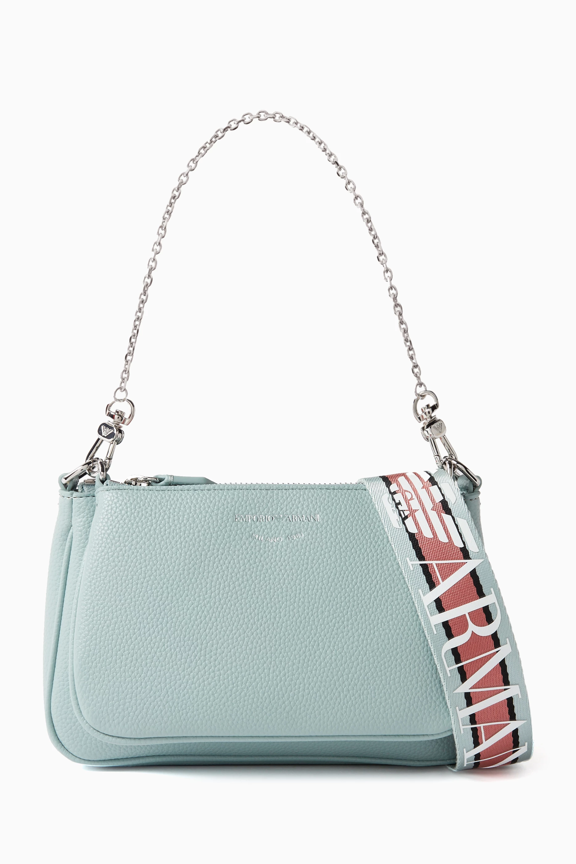 Buy Emporio Armani Blue Logo Chain embellished Shoulder Bag in Leather For Women Online Ounass UAE