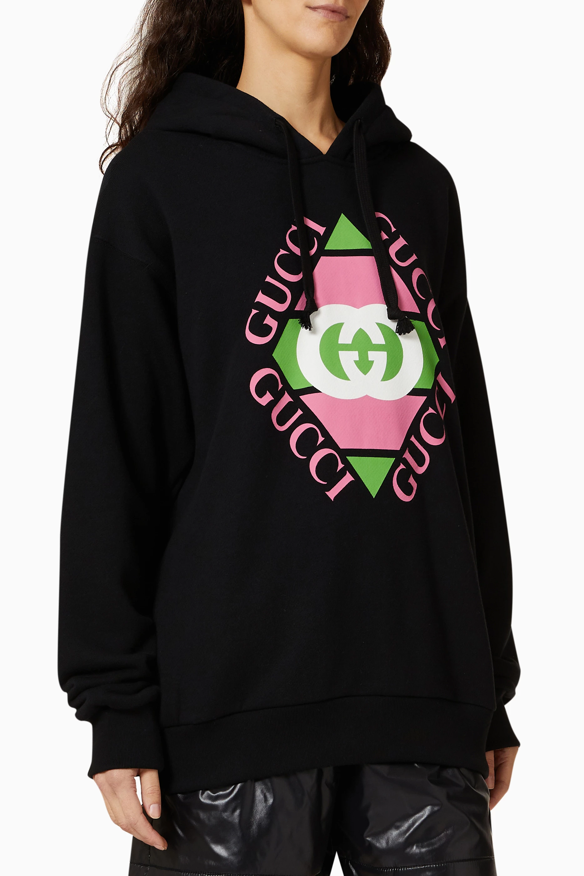 Buy Gucci Black Vintage Logo print Hoodie in Felted Cotton jersey For Women Online Ounass UAE