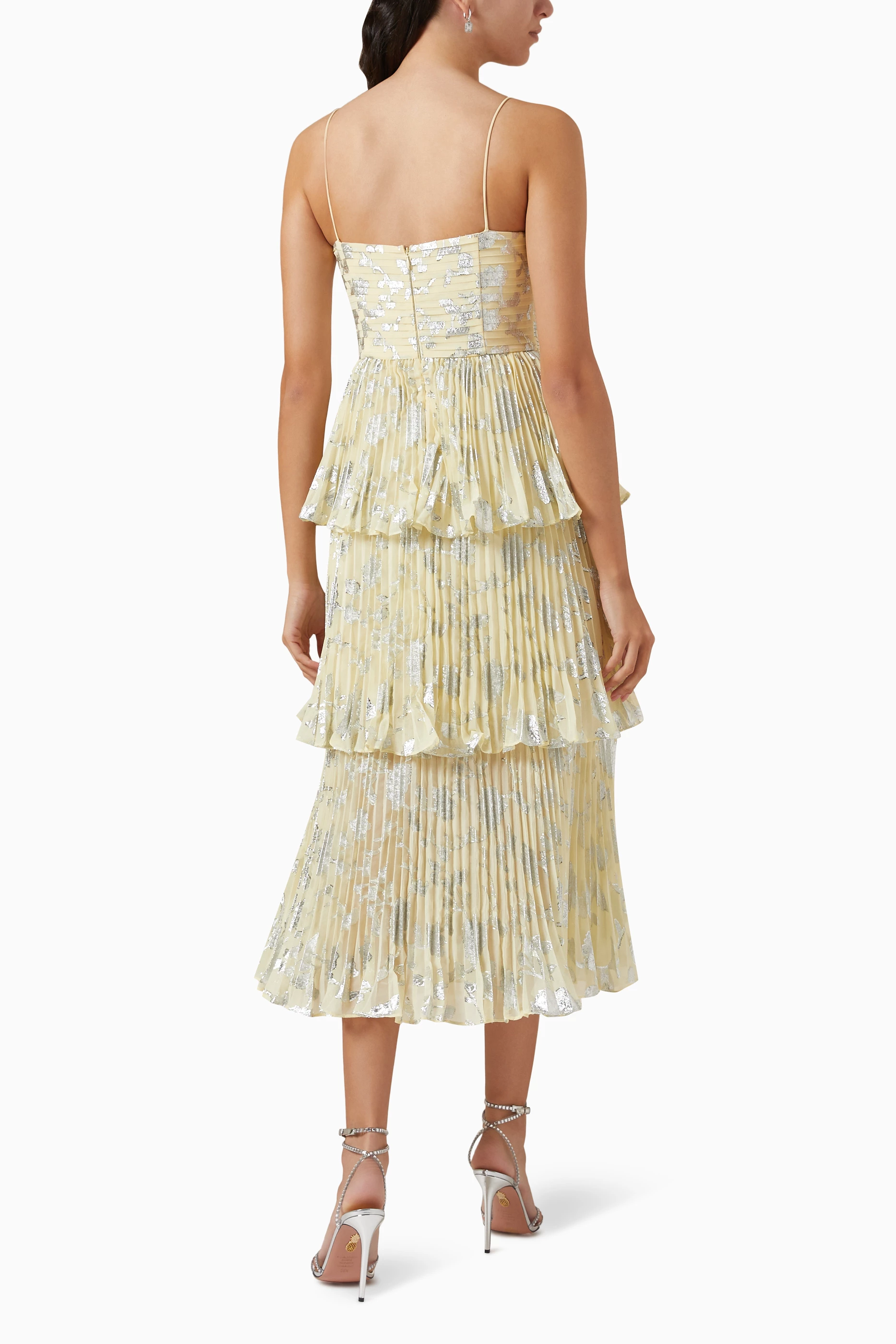 green emerald velvet dress Rent Self-Portrait Metallic Jacquard Tiered Midi Dress in Yellow main image 0