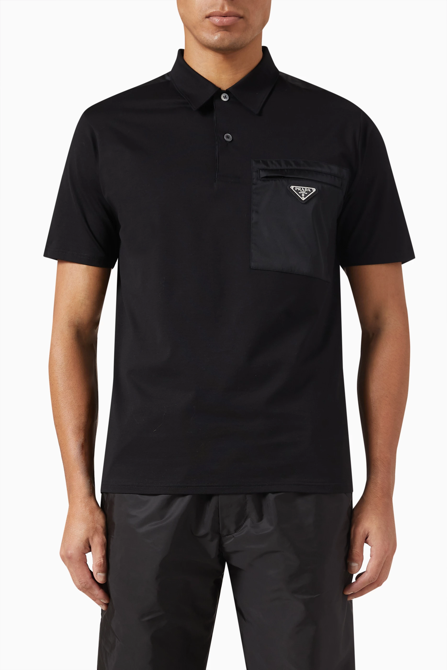 Buy Prada Black Triangle Logo Polo Shirt in Cotton Blend For Men