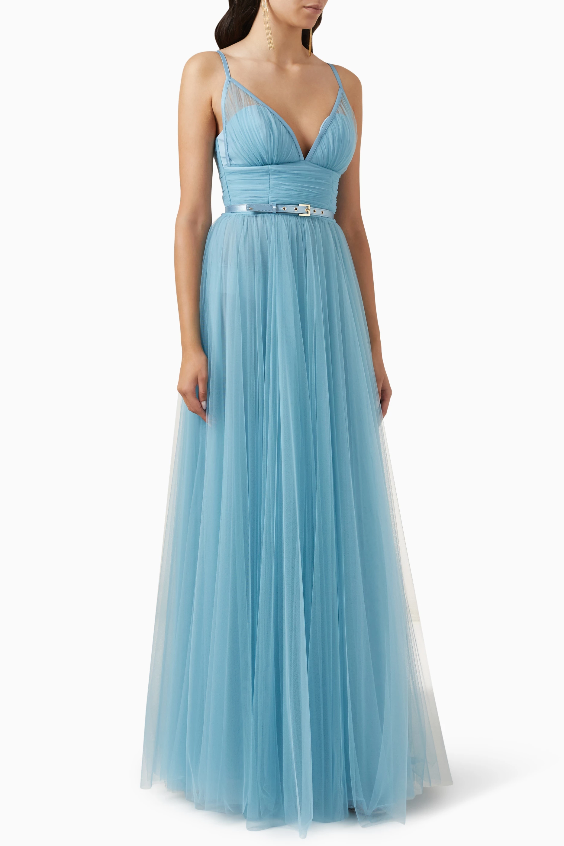 Buy Elisabetta Franchi Blue Belted Red Carpet Dress in Tulle For Women Online Ounass UAE