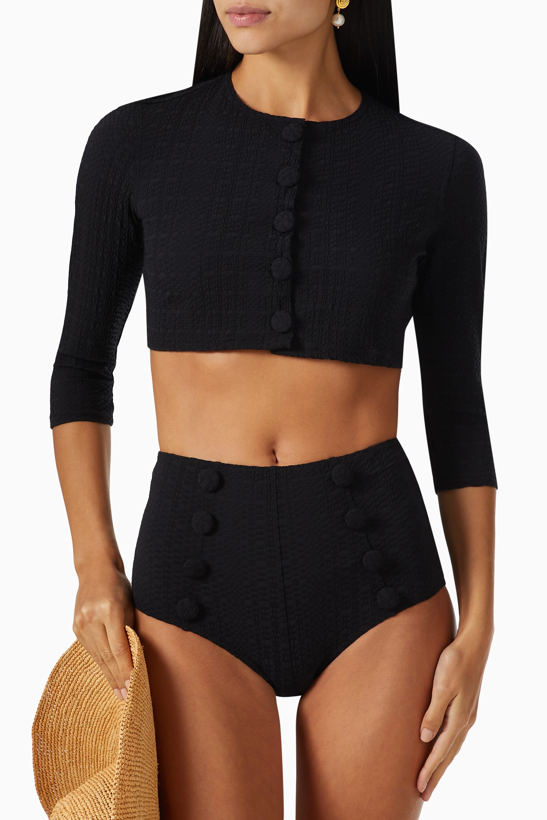 Buy Lisa Marie Fernandez Black Crop Cardigan in Seersucker For Women Online Ounass UAE