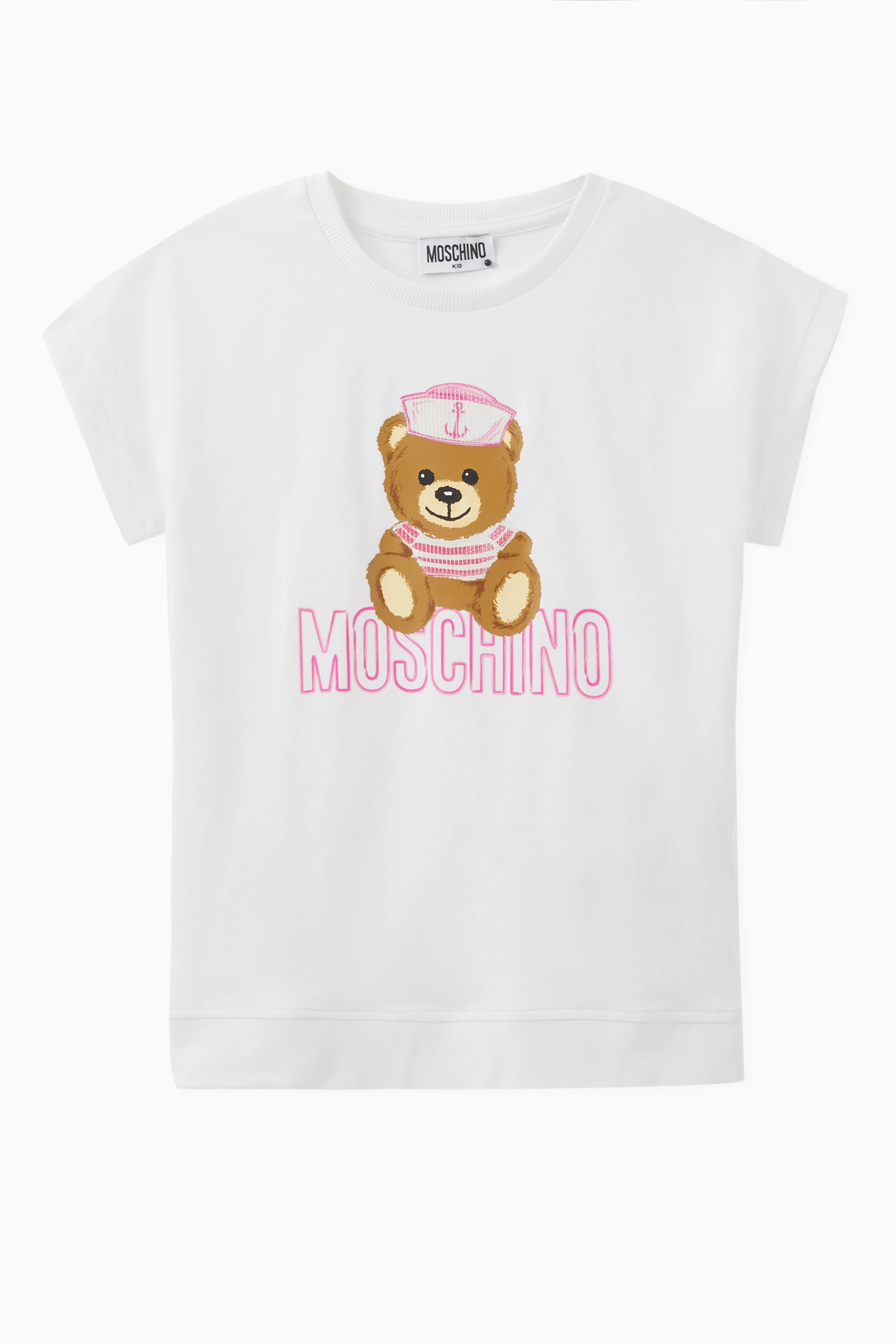 Buy Moschino White Logo Teddy Bear Print T shirt in Stretch Cotton For Girls Online Ounass UAE