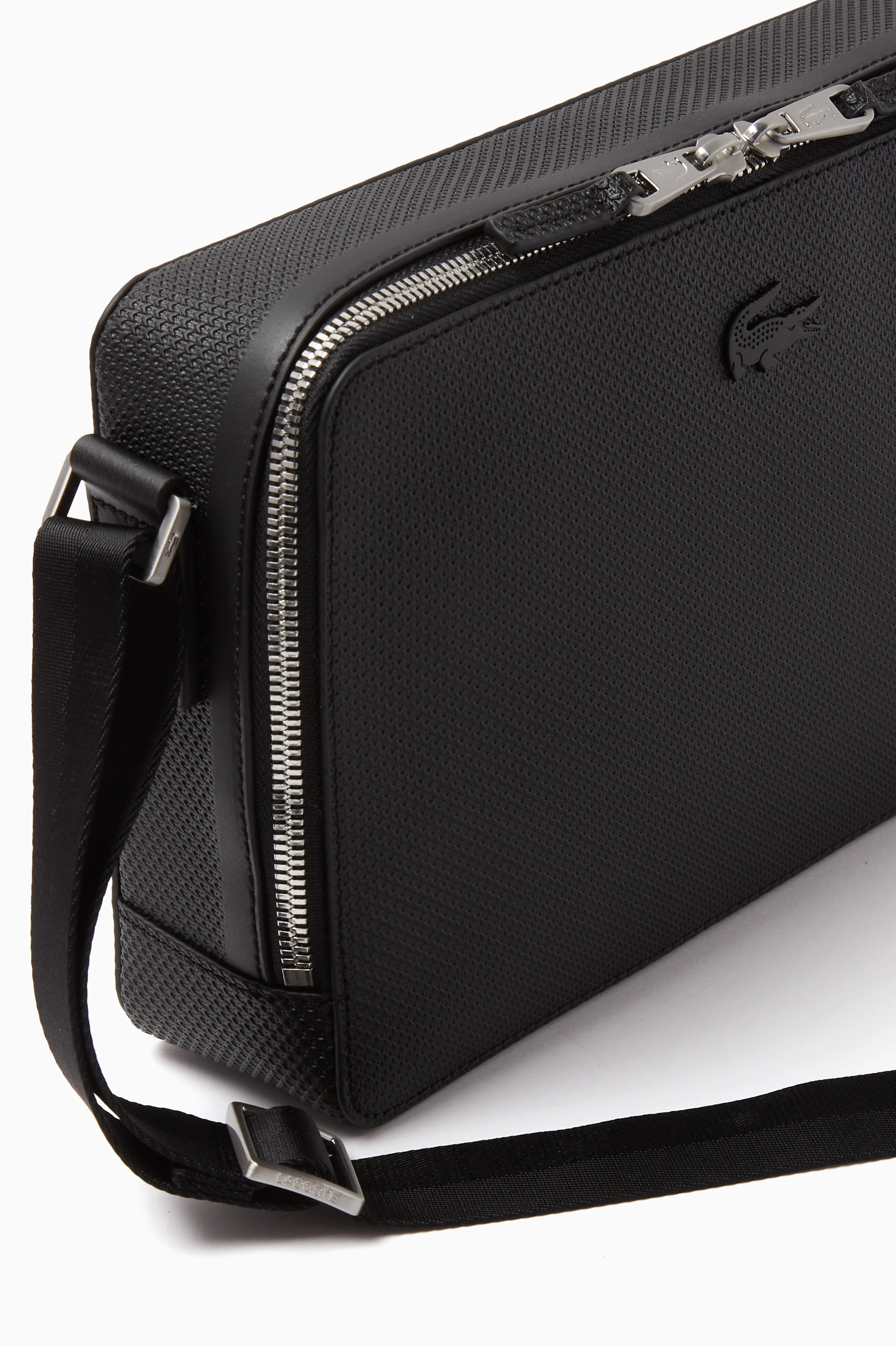 Buy Lacoste Black Chantaco Zippered Crossbody Bag in Matte Stitched Leather For Men Online Ounass UAE