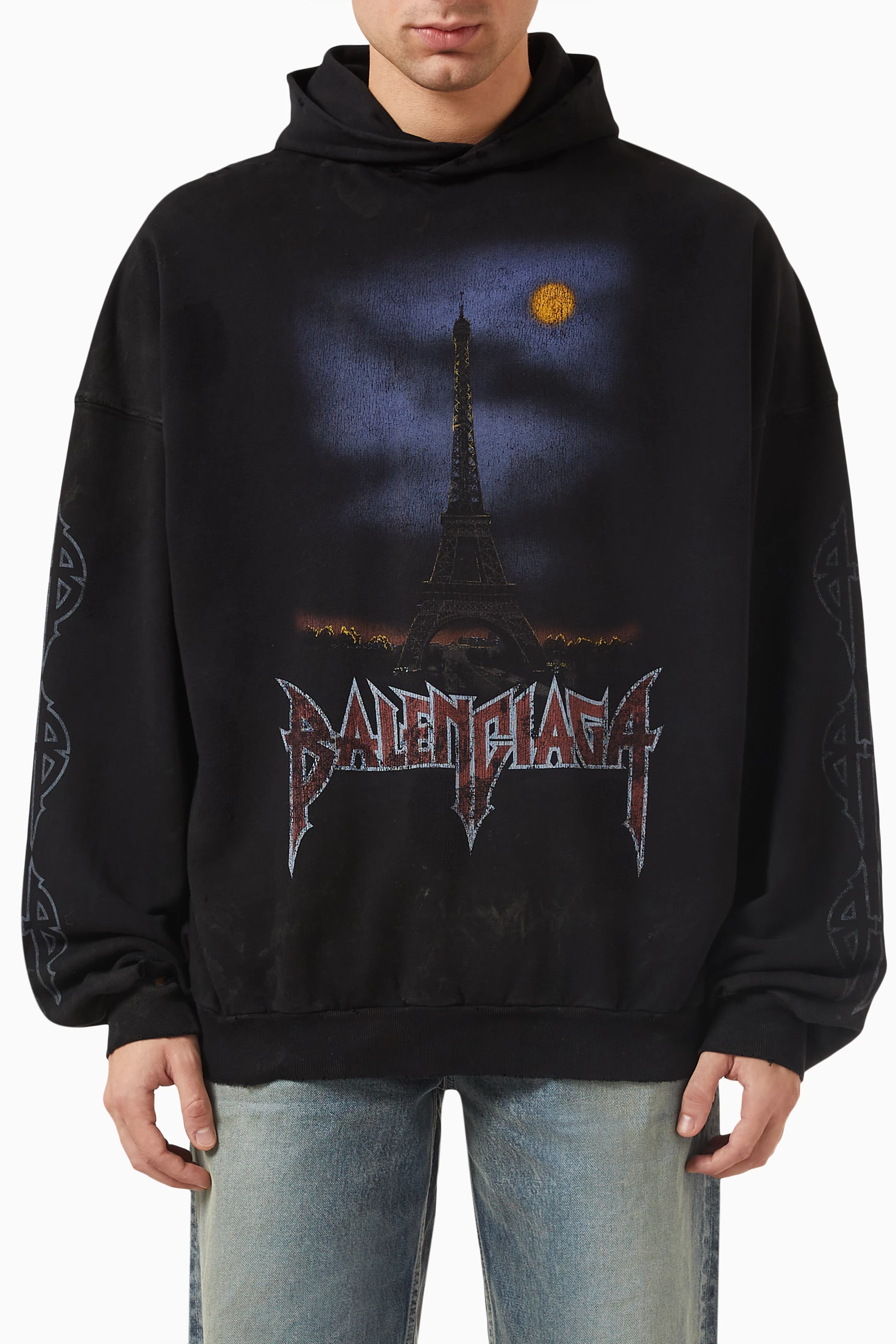 Buy Balenciaga Black Paris Moon No Pocket Oversized Hoodie in 