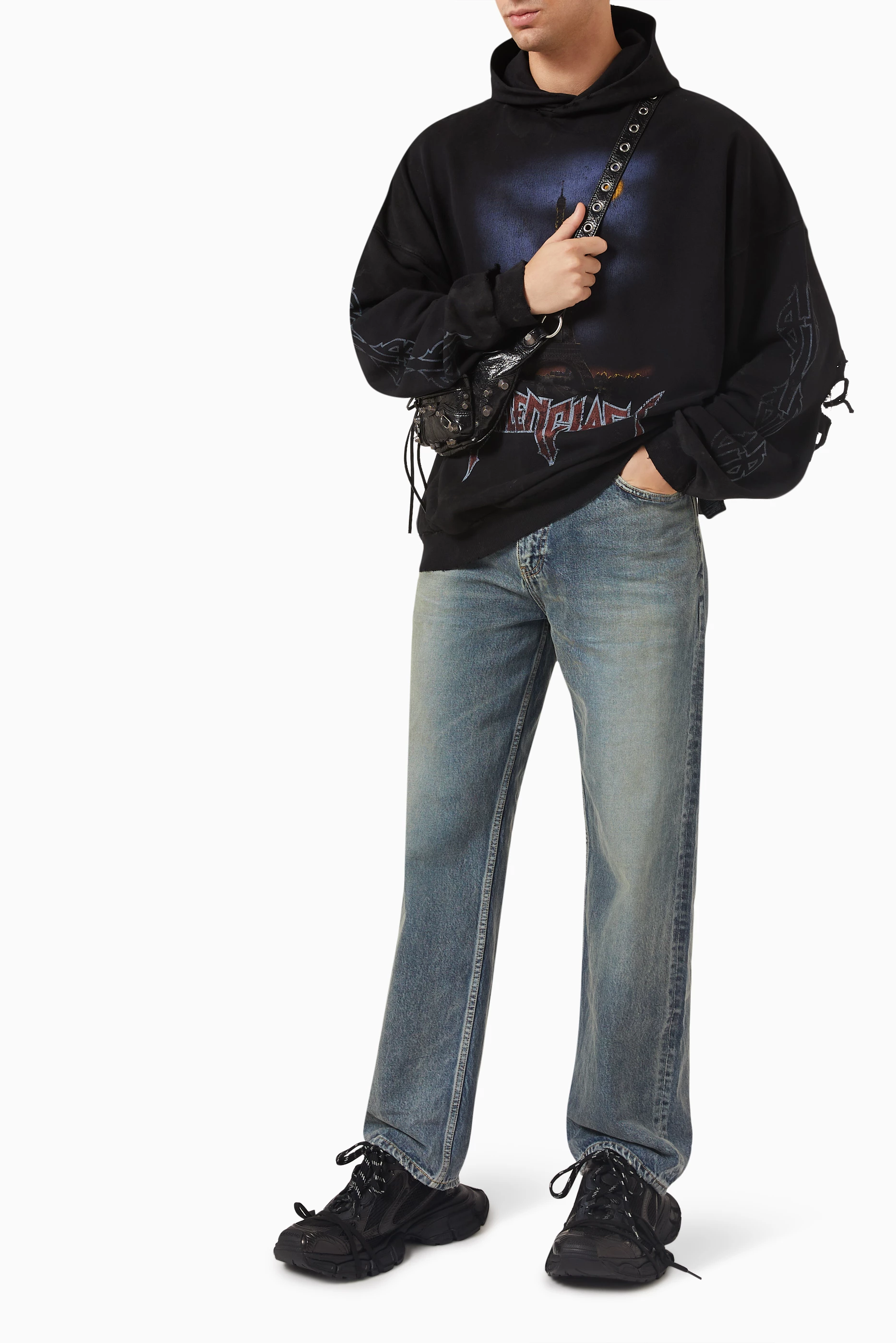 Buy Balenciaga Black Paris Moon No Pocket Oversized Hoodie in 