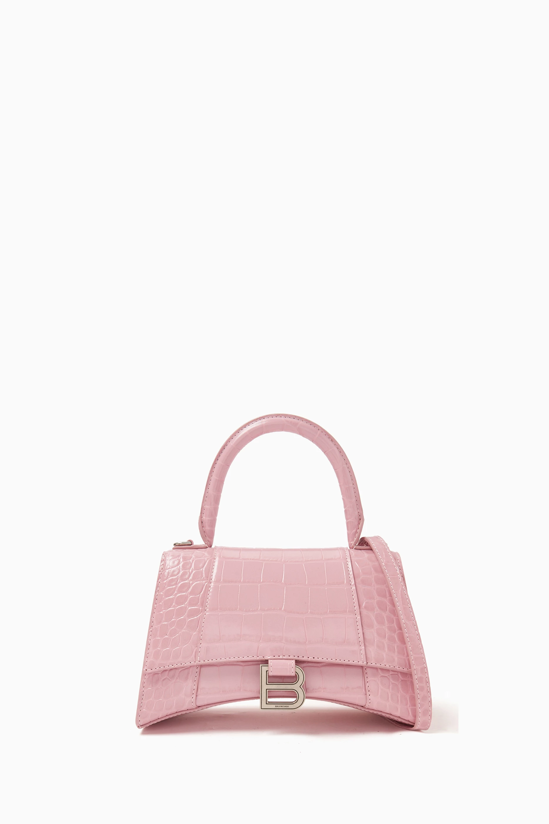 Buy Balenciaga Pink Hourglass XS Top Handle Bag in Croc-embossed