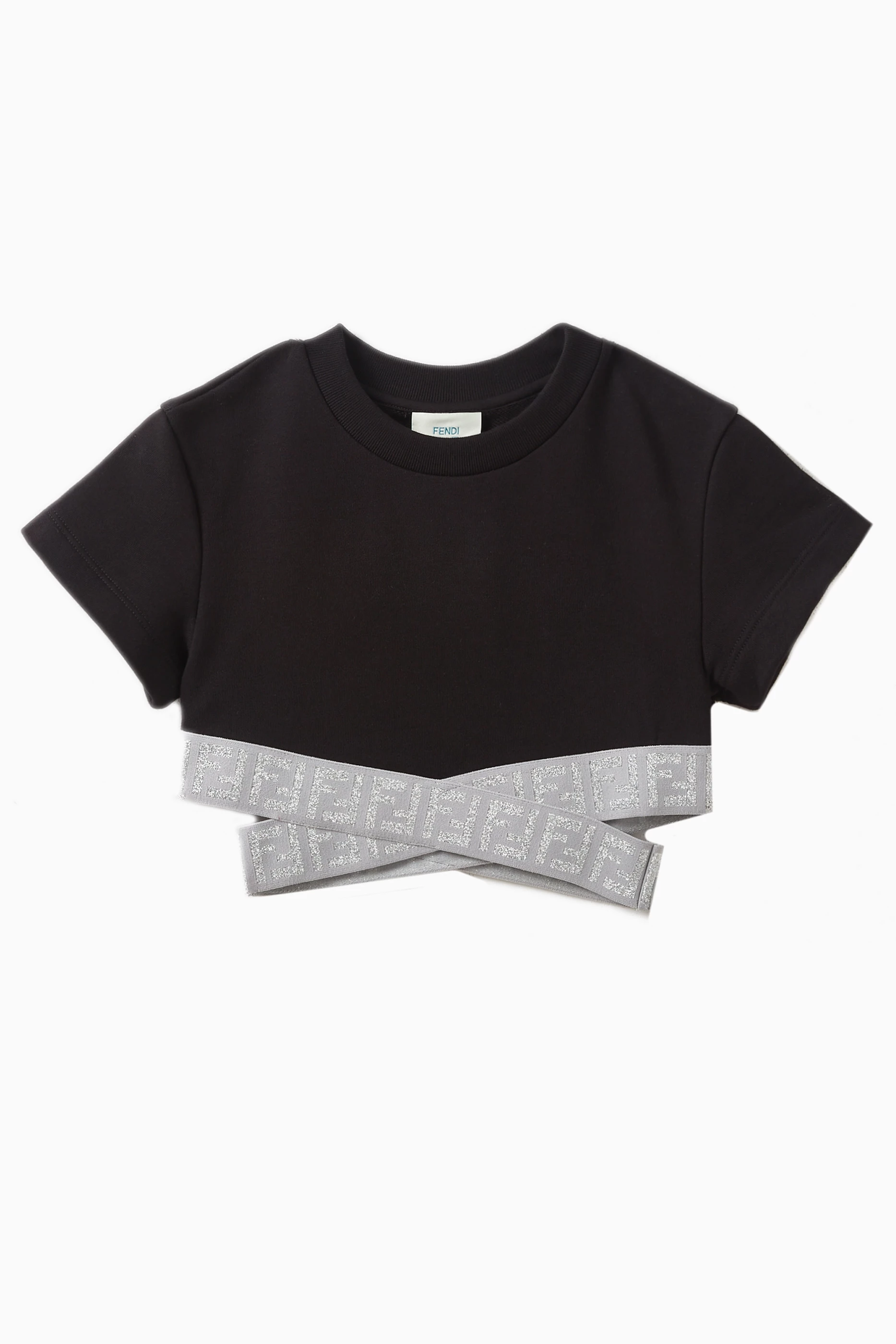 Buy Fendi Black Glitter Logo detail T shirt in Cotton For Girls Online Ounass UAE