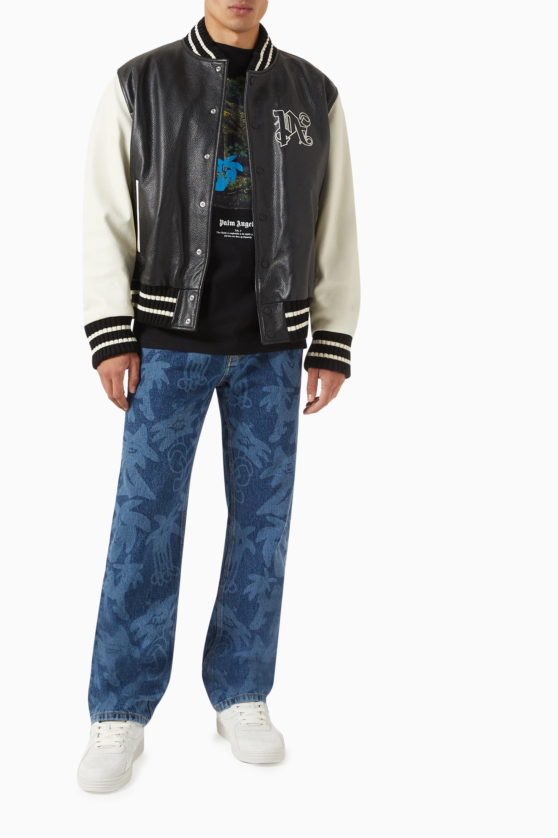 Buy Palm Angels Black Monogram Varsity Jacket in Leather For Men 