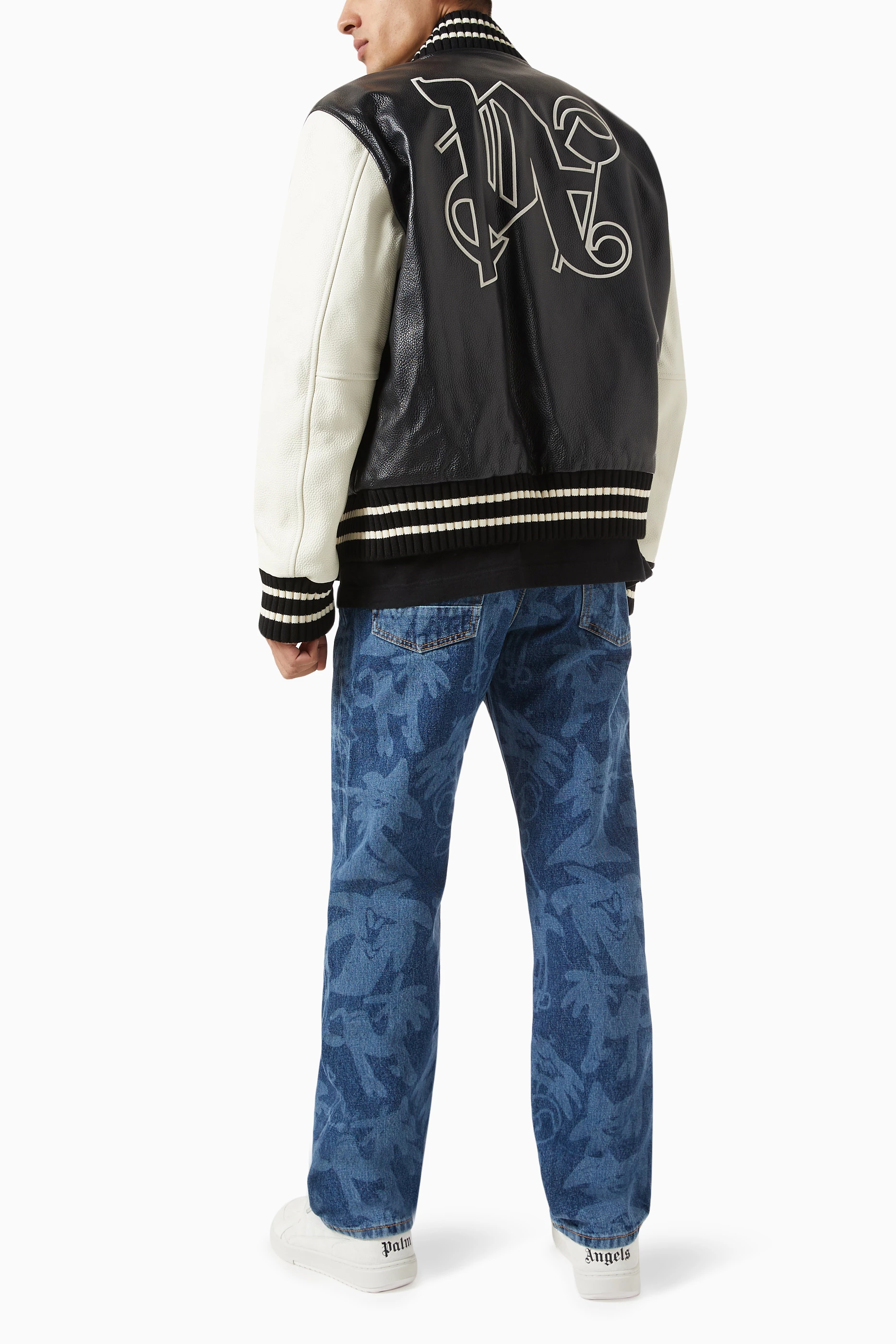 Buy Palm Angels Black Monogram Varsity Jacket in Leather For Men