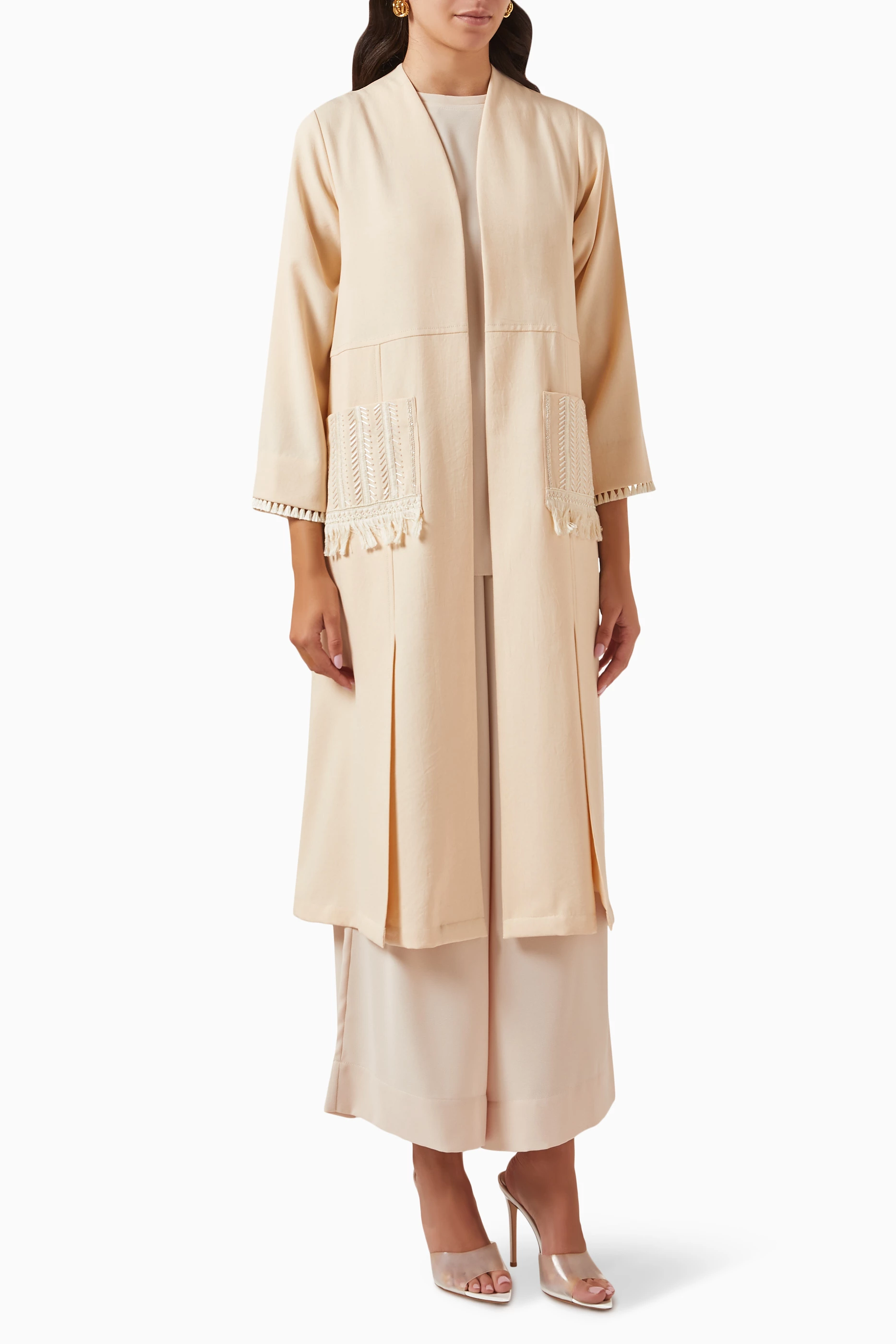 Buy HQ Travels Yellow Embroidered 4 piece Abaya Set in Linen For Women Online Ounass UAE