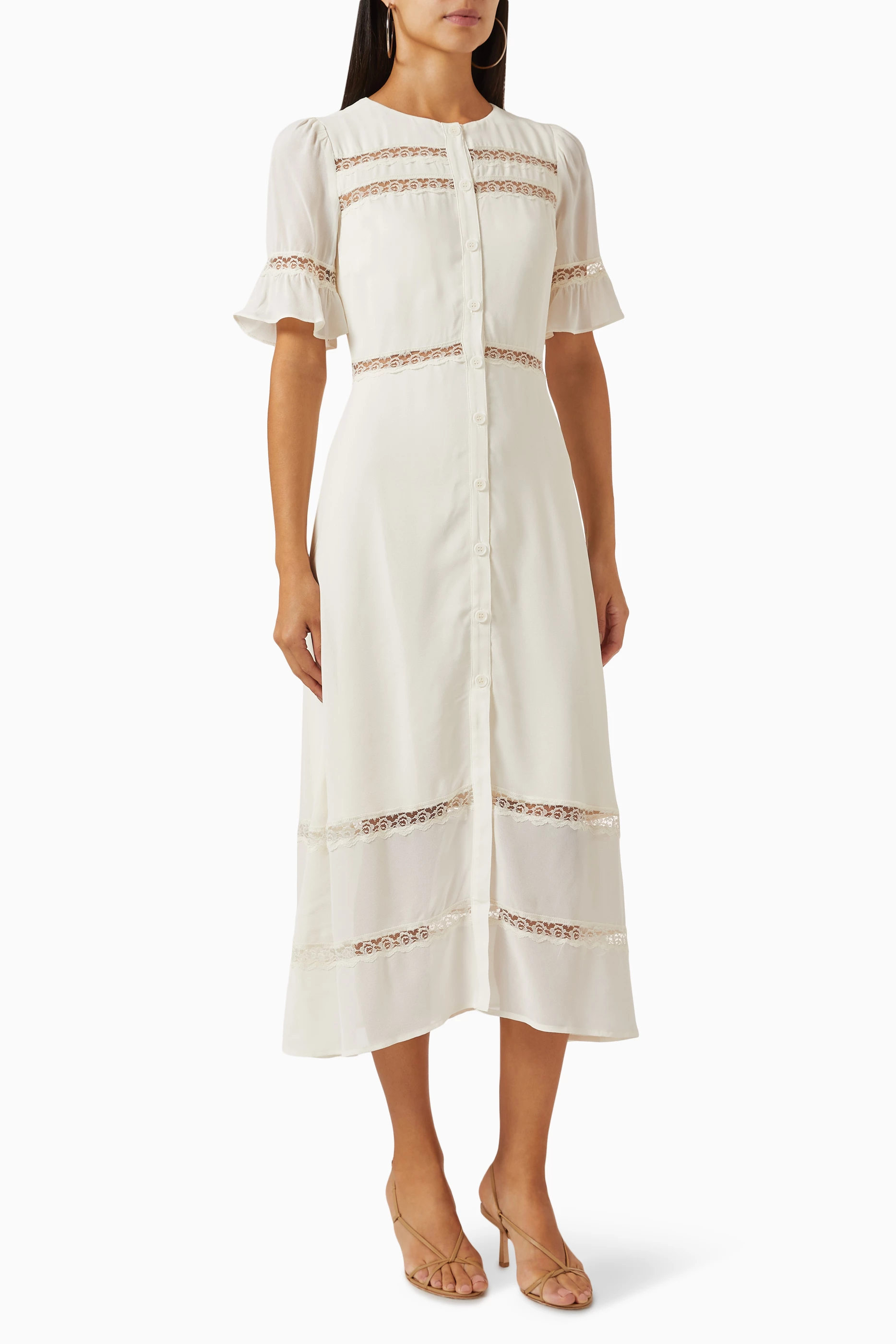 Buy Reformation Neutral Woodson Ruffled Midi Dress in Viscose For