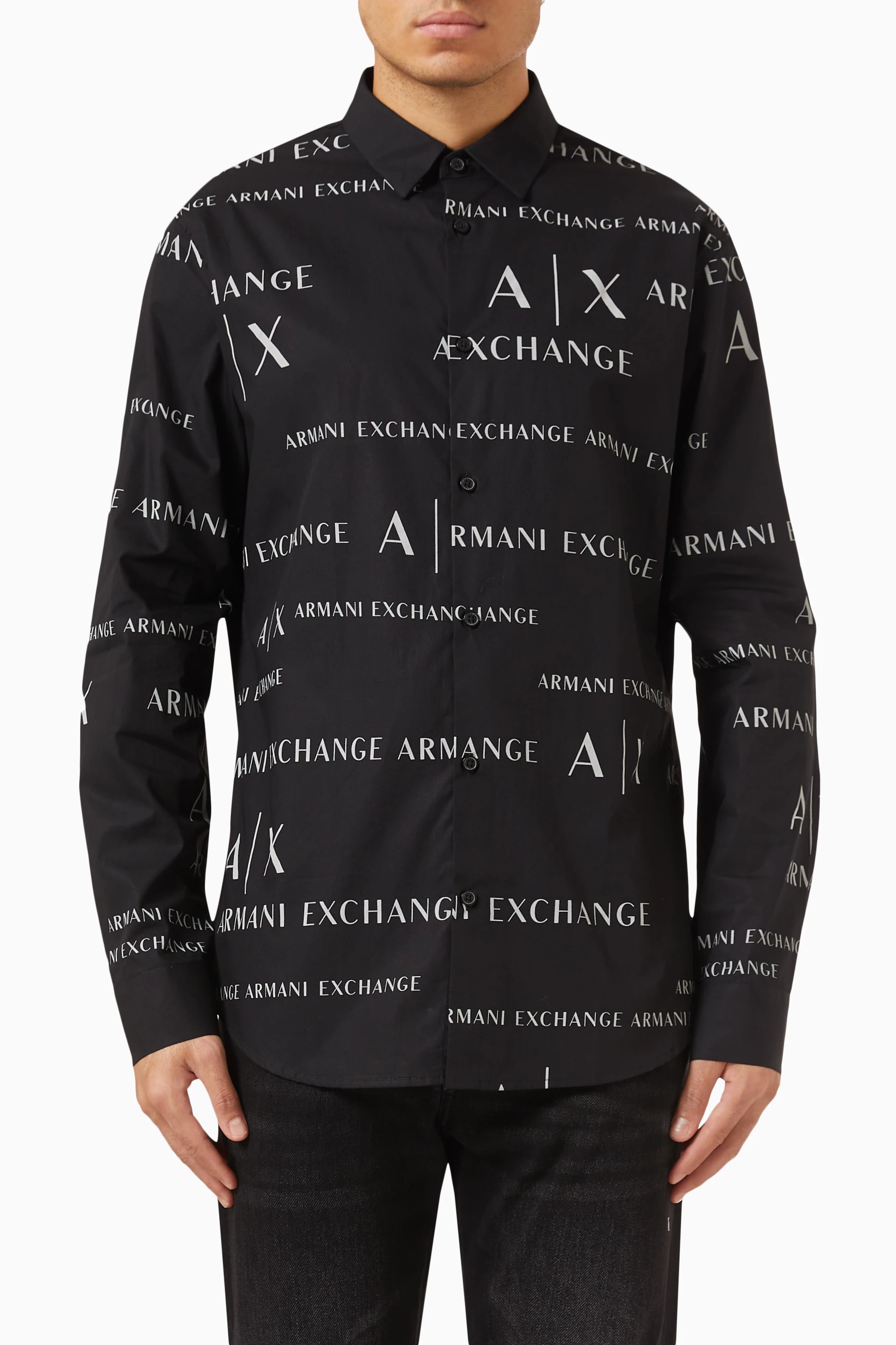 Buy Armani Exchange Black All-over Logo-print Shirt in Poplin For