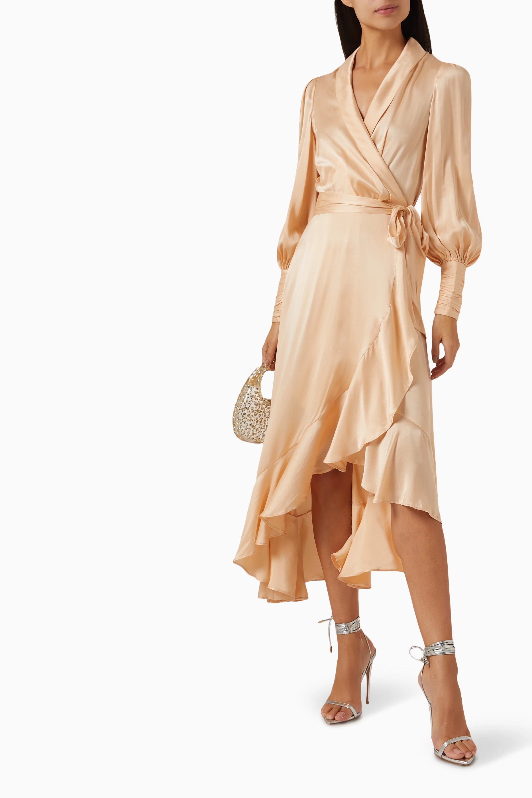 Buy Zimmermann Neutral Ruffled Midi Wrap Dress in Silk For Women Online Ounass UAE