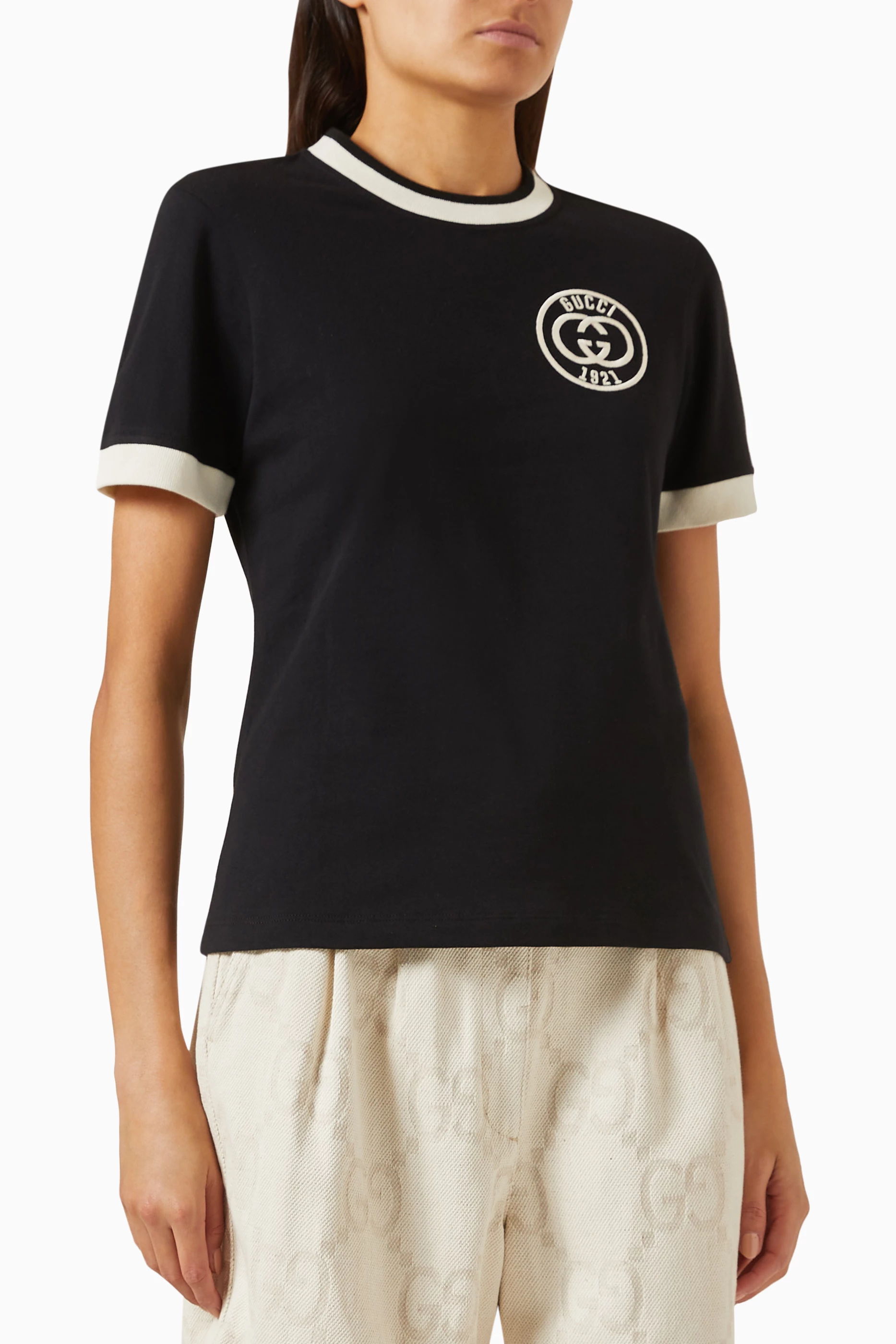 Buy Gucci Black Embroidered Logo T shirt in Cotton jersey For Women Online Ounass UAE
