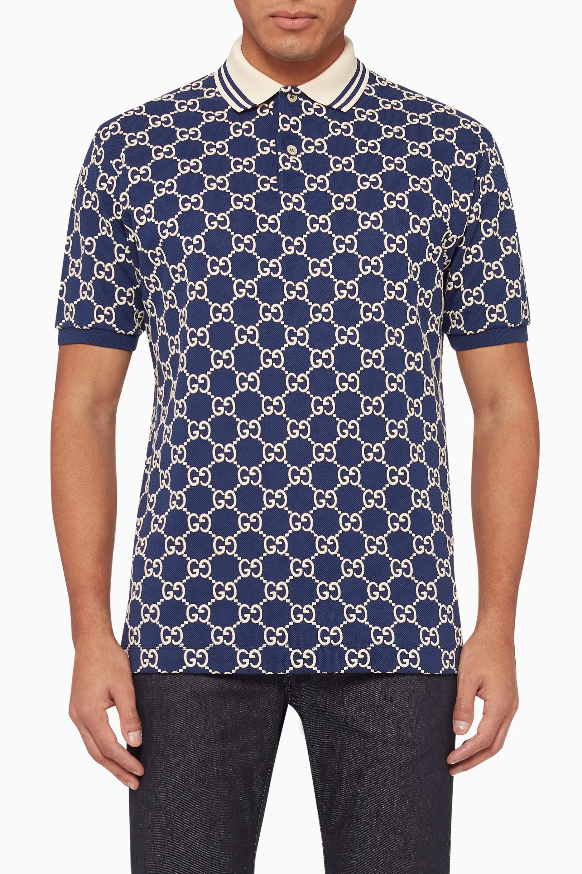 Buy Gucci Blue GG Logo All over Polo Shirt in Stretch Cotton For Men Online Ounass UAE
