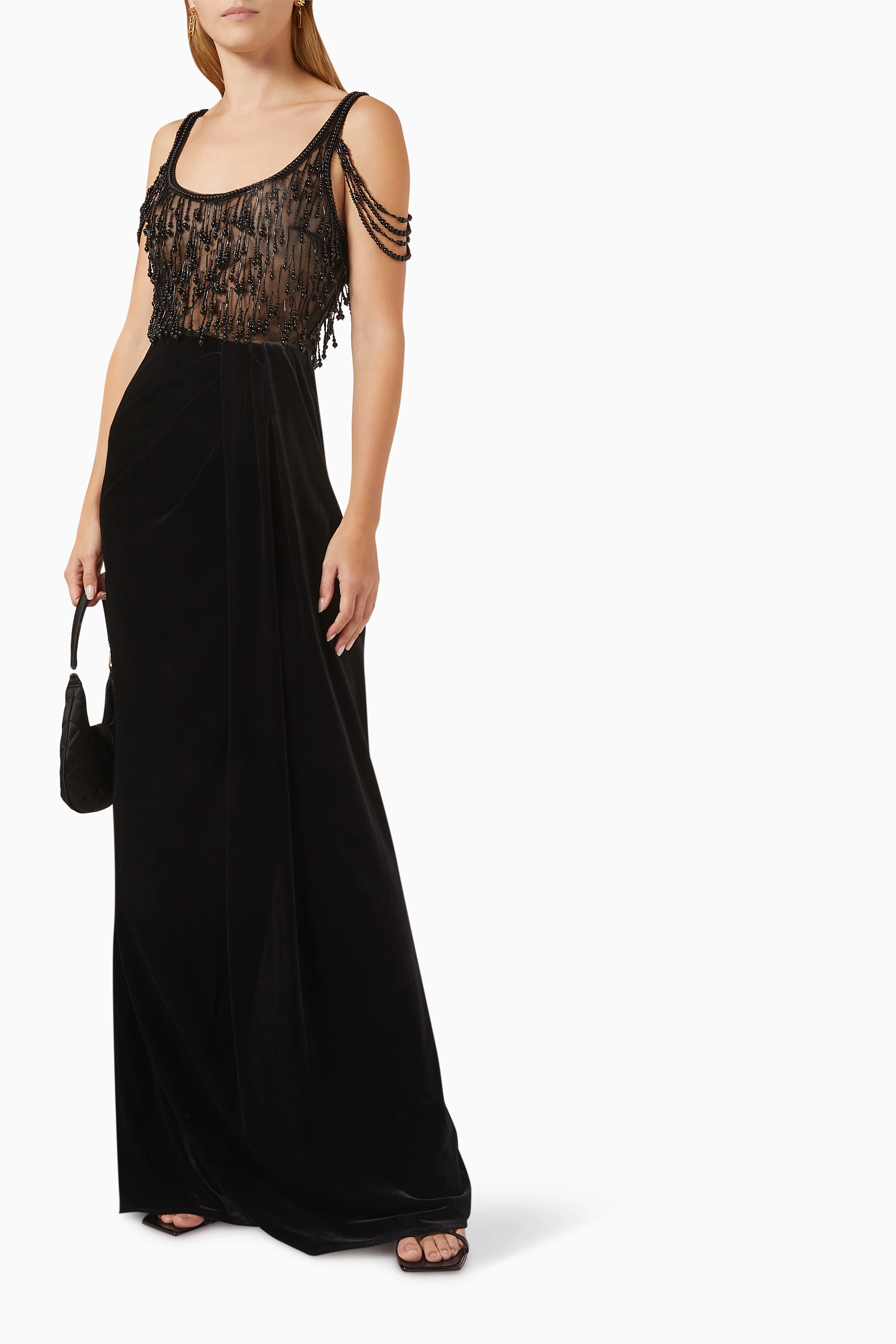 Buy Elisabetta Franchi Black Embellished Bodice Maxi Dress in Tulle Velvet For Women Online Ounass UAE