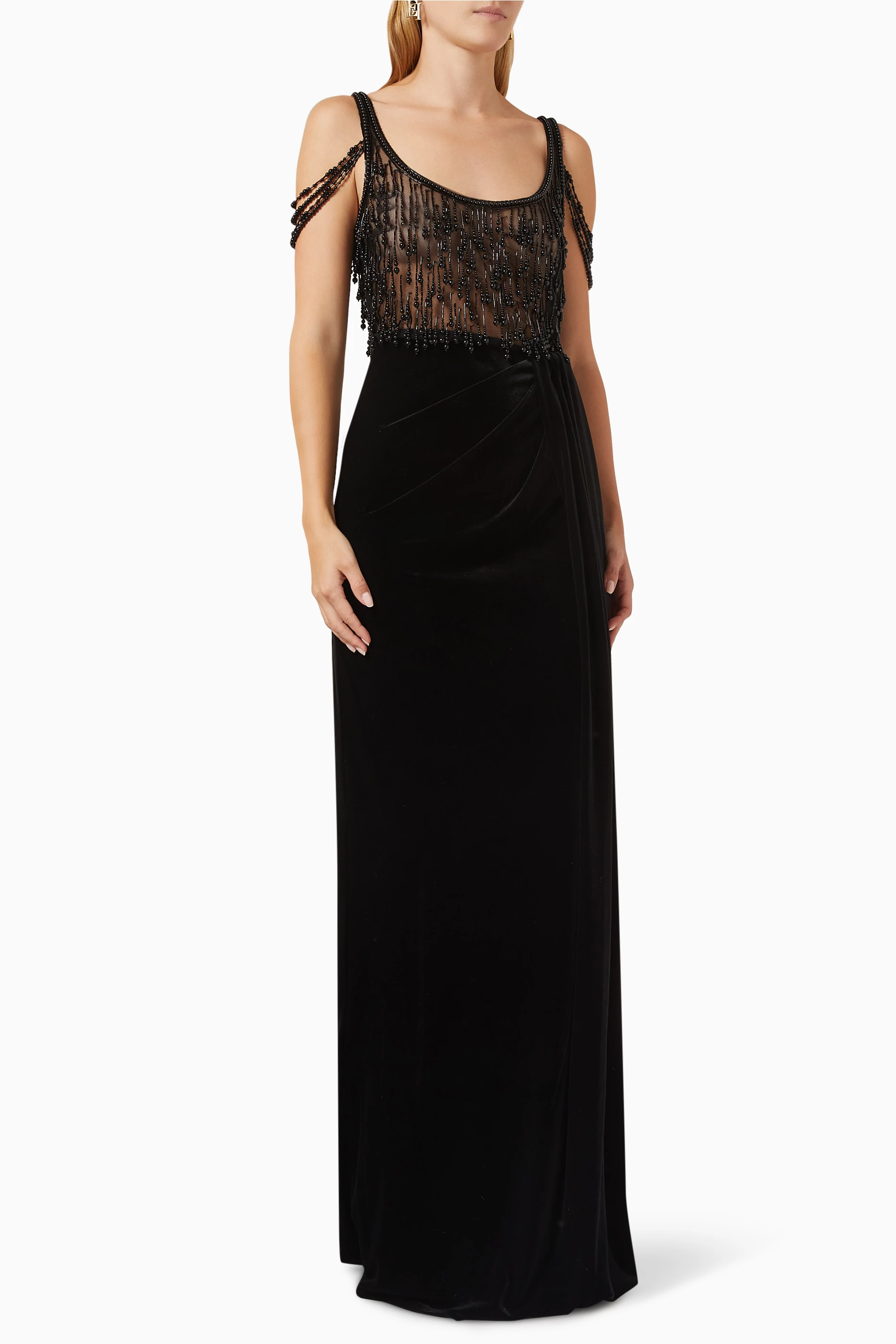 Buy Elisabetta Franchi Black Embellished Bodice Maxi Dress in Tulle Velvet For Women Online Ounass UAE