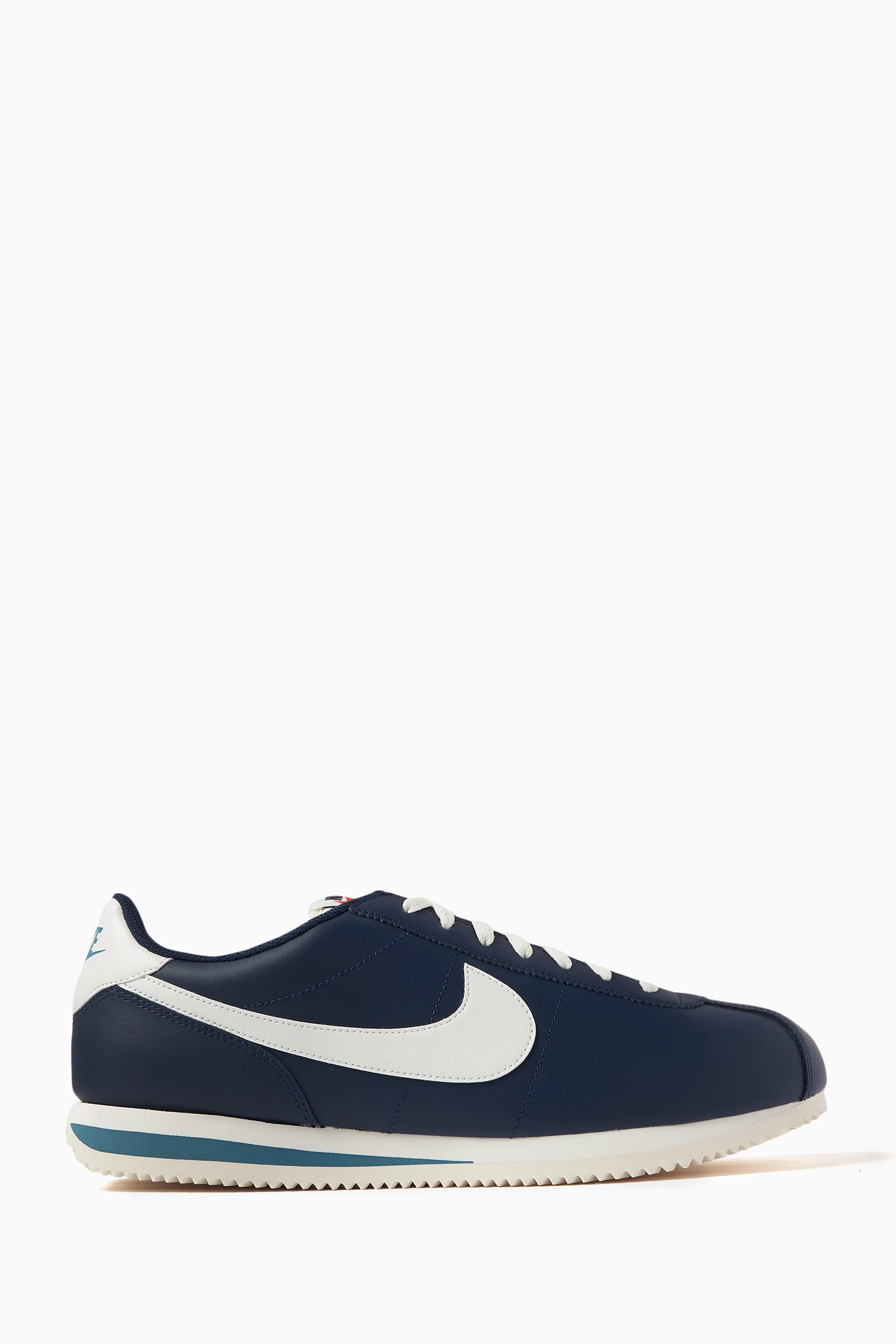 Navy blue leather nike cortez shop