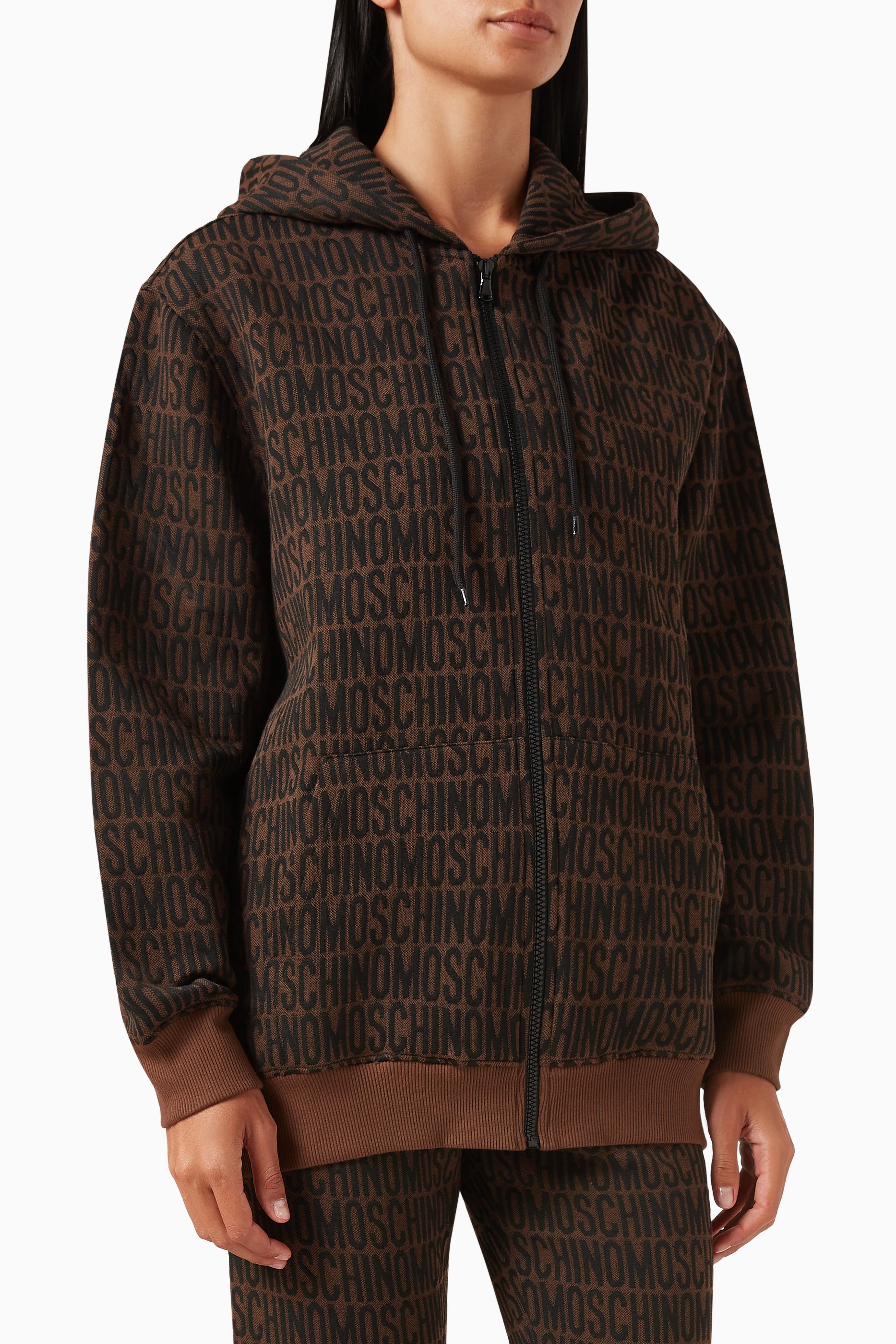 Buy Moschino Brown All over Logo Zip up Hoodie in Cotton blend For Women Online Ounass UAE
