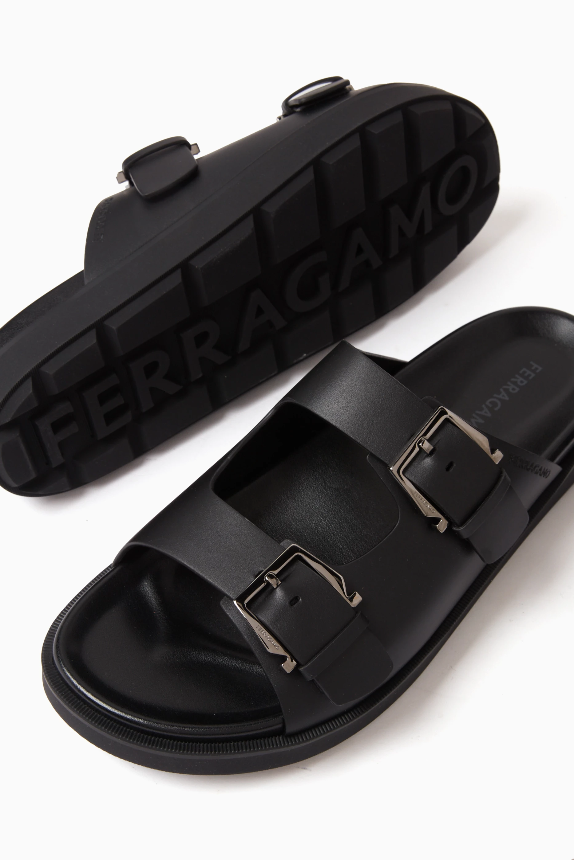 Buy Ferragamo Black Febo Double Strap Sandals in Leather For Men Online Ounass UAE
