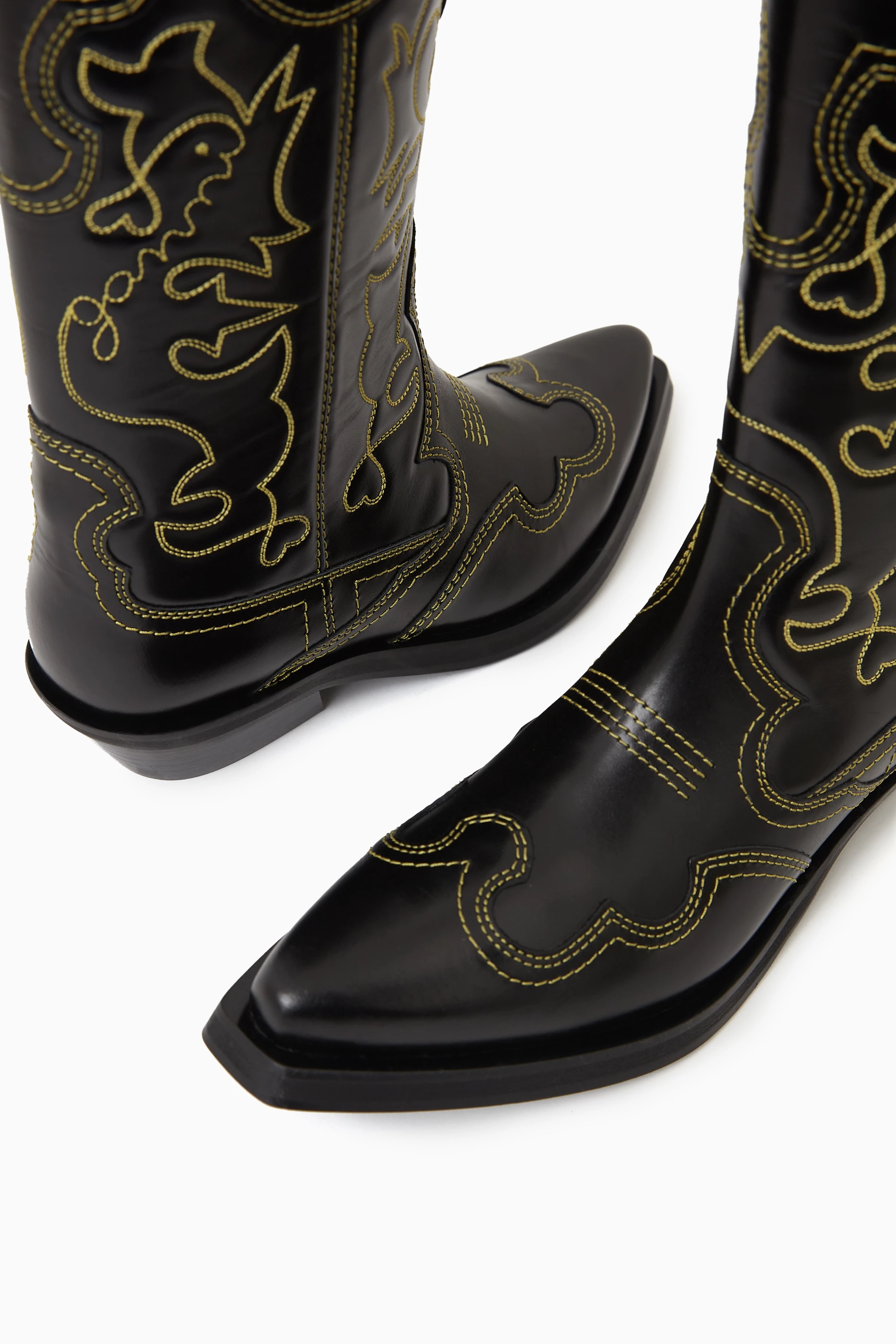 Buy Ganni Black Embroidered Western Cowboy Boots in Leather For