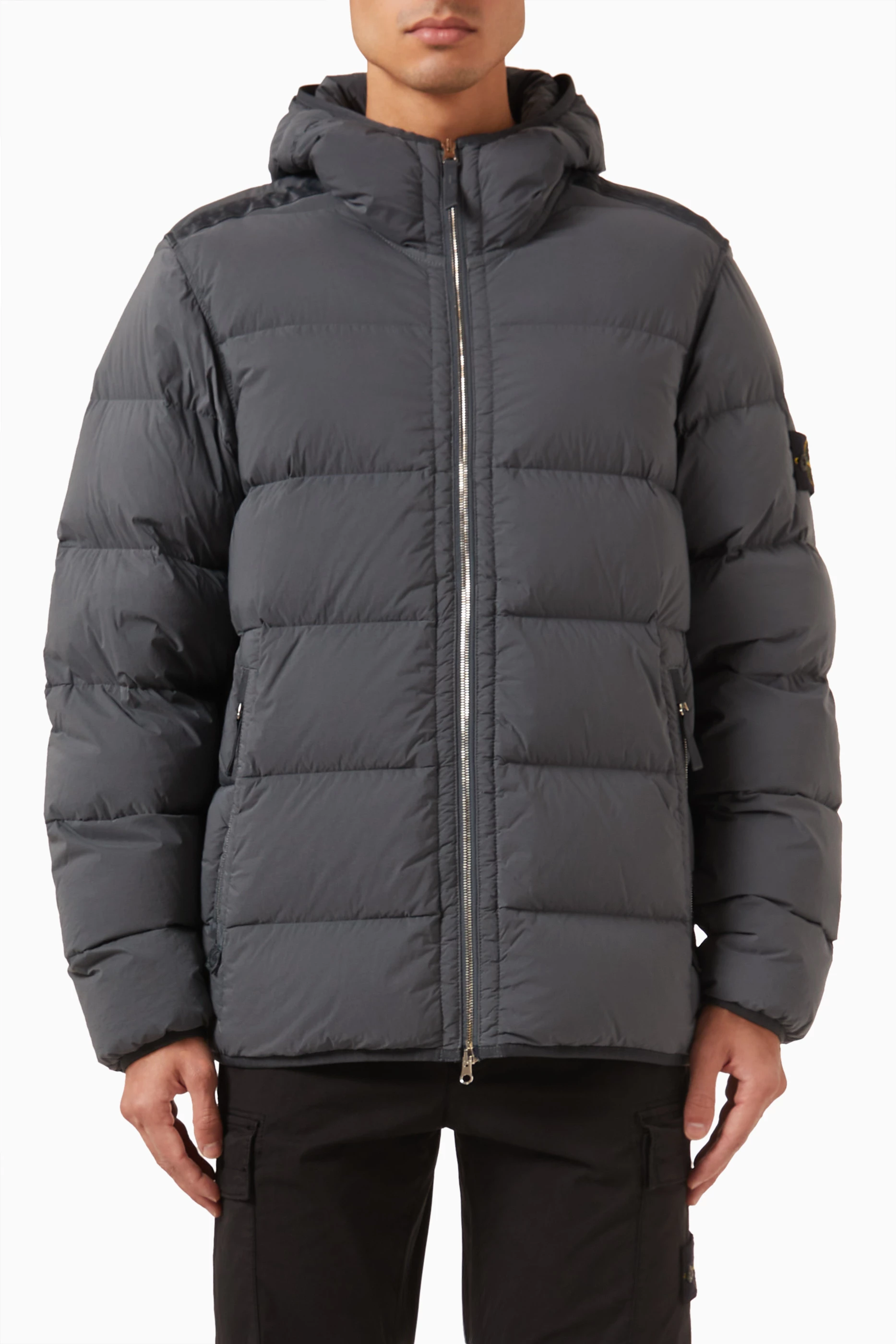 Buy Stone Island Grey Hooded Down filled Jacket in Stretch nylon For Men Online Ounass UAE