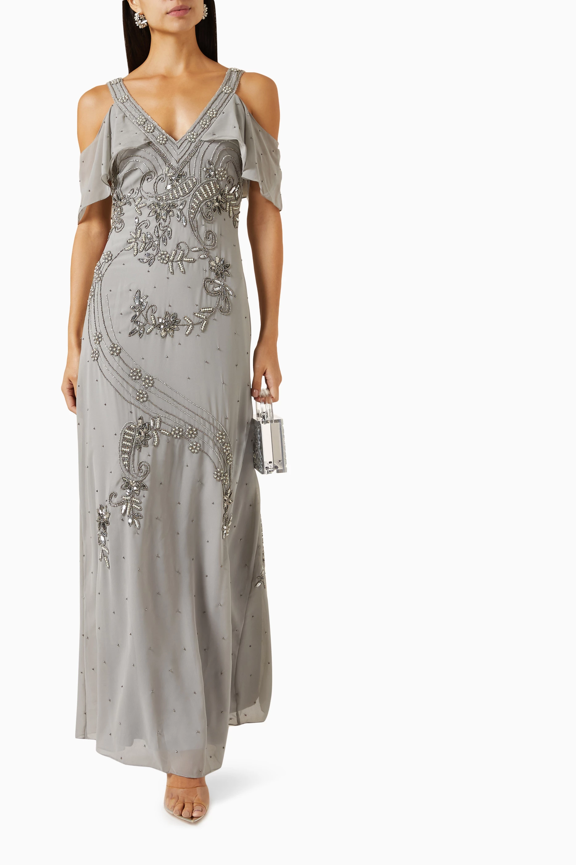 Embellished grey maxi dress online