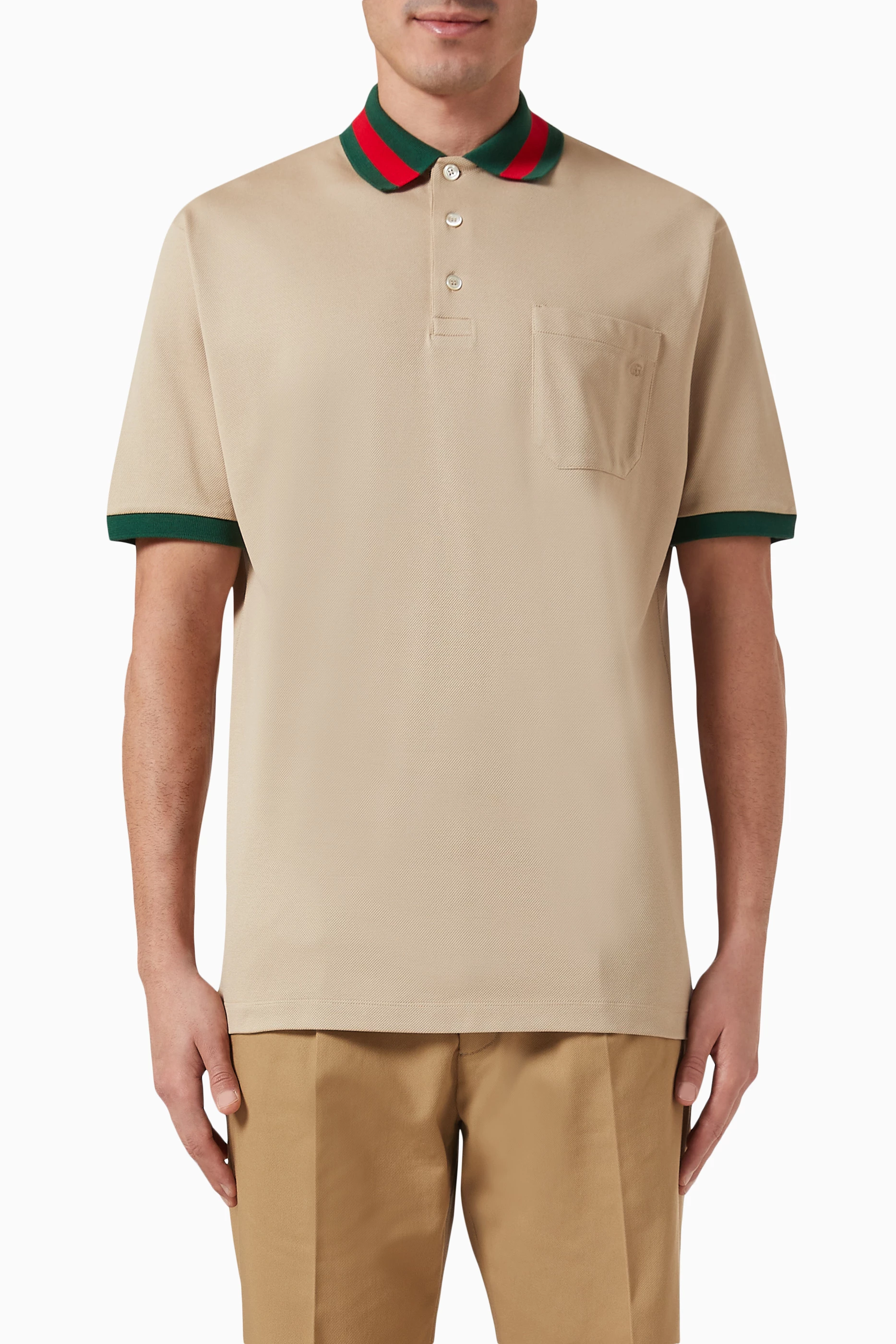 Buy Gucci Brown Web Collar Polo Shirt in Stretch Cotton pique For Men Online Ounass UAE