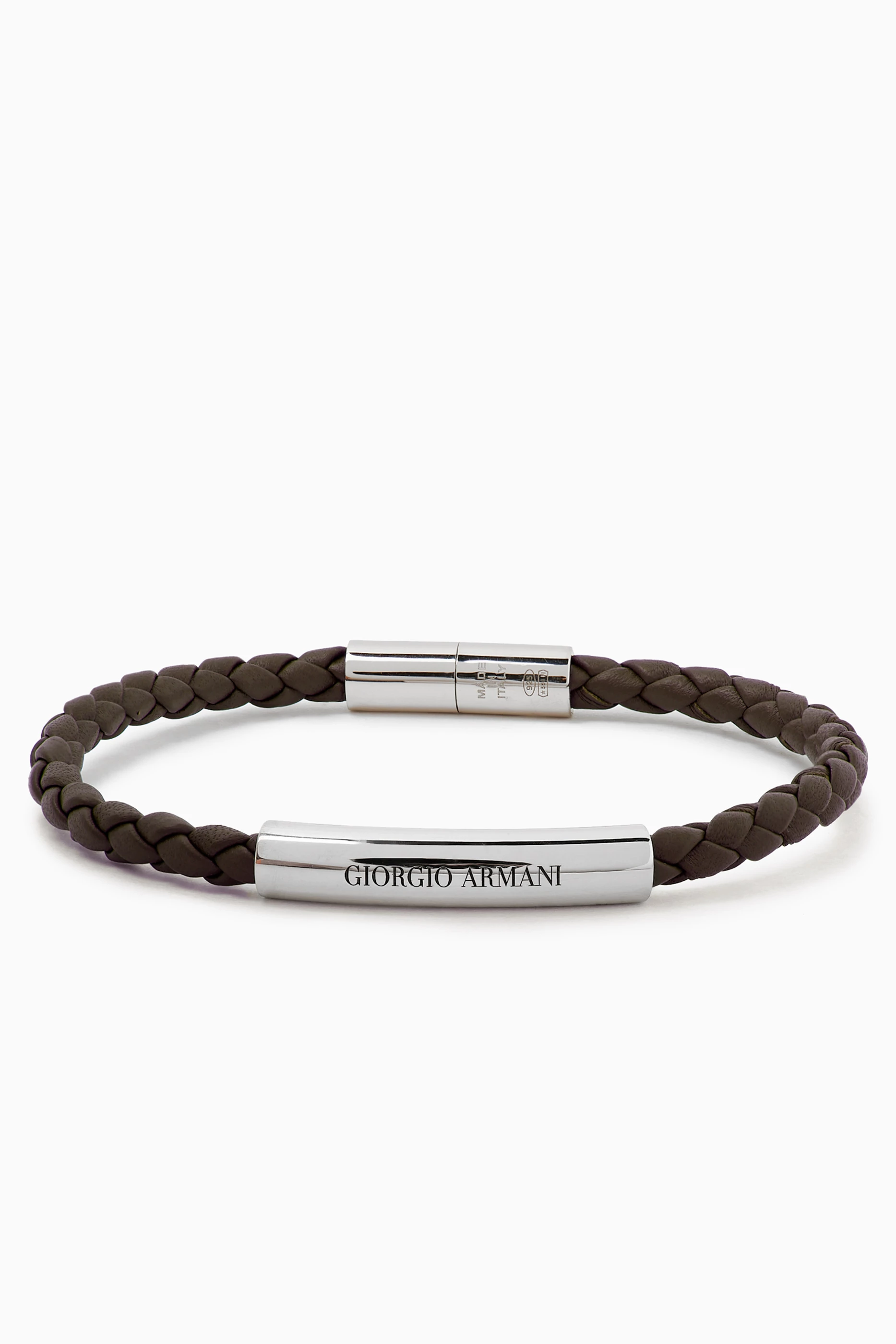 Buy Giorgio Armani Brown Logo Bracelet in Sterling Silver Leather For Men Online Ounass UAE