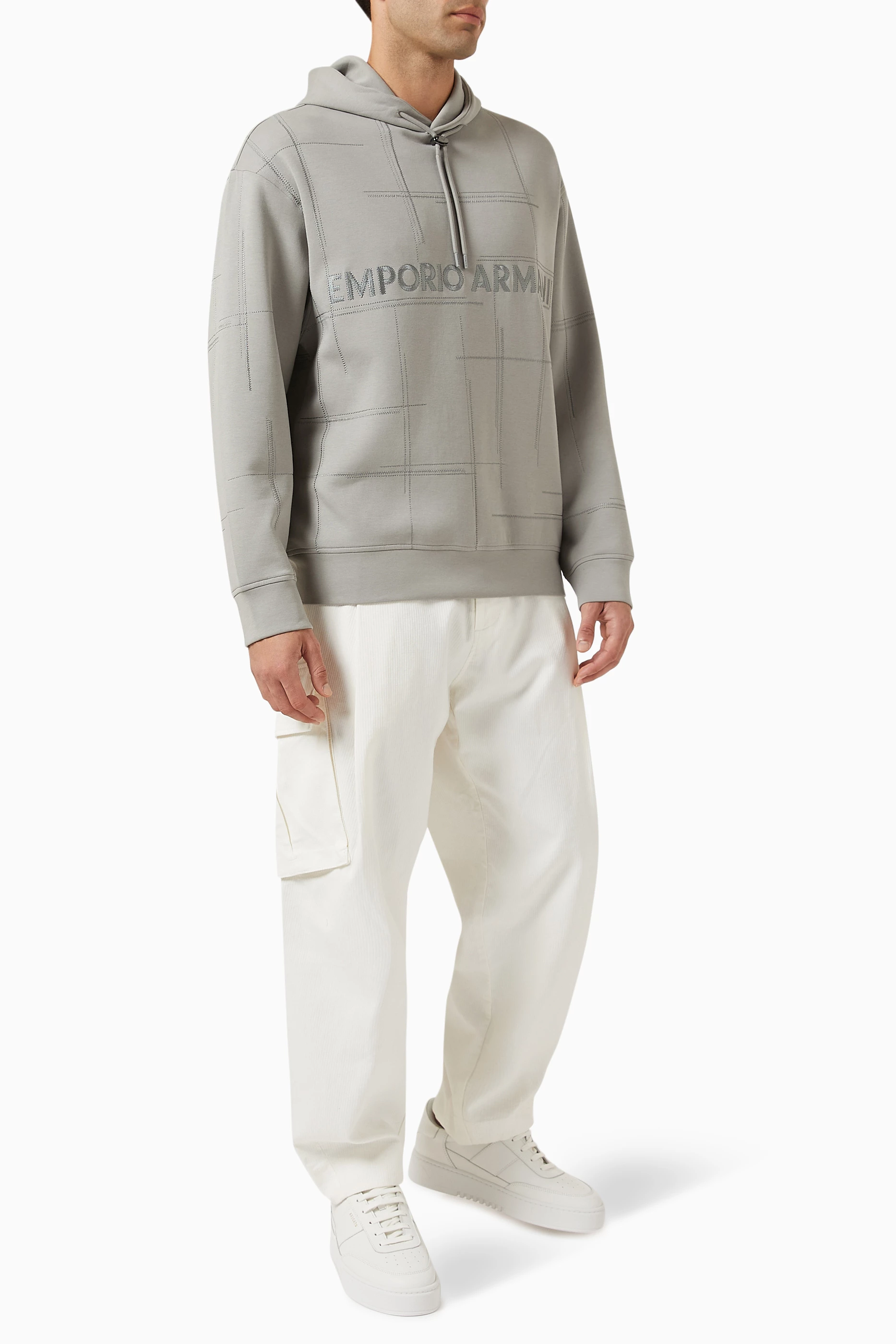 Buy Emporio Armani Grey Embroidered Logo Hoodie in Cotton blend For Men Online Ounass UAE