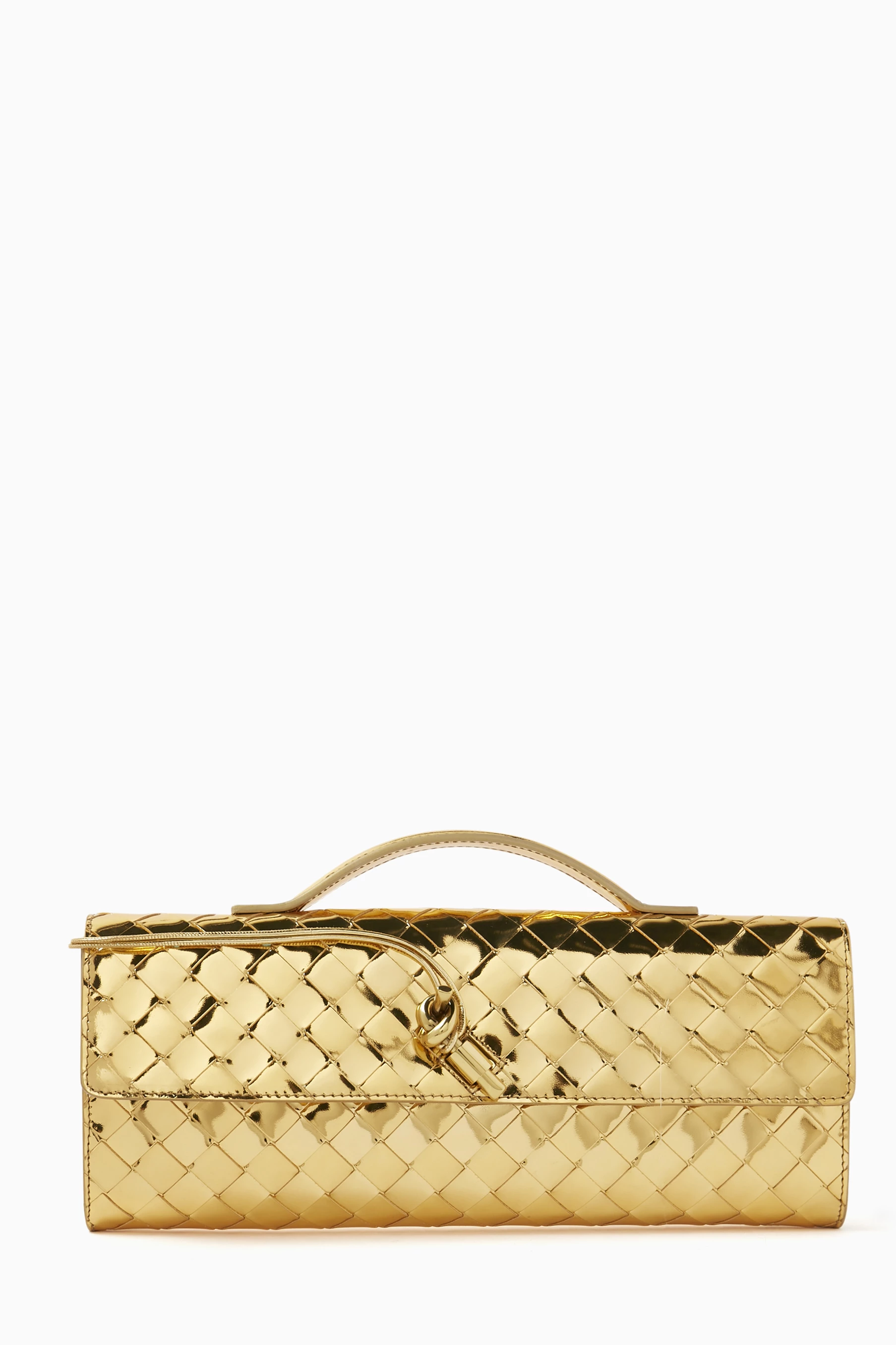 Buy Bottega Veneta Gold Long Andiamo Handle Clutch in Metallic Intrecciato Leather For Women Online Ounass UAE