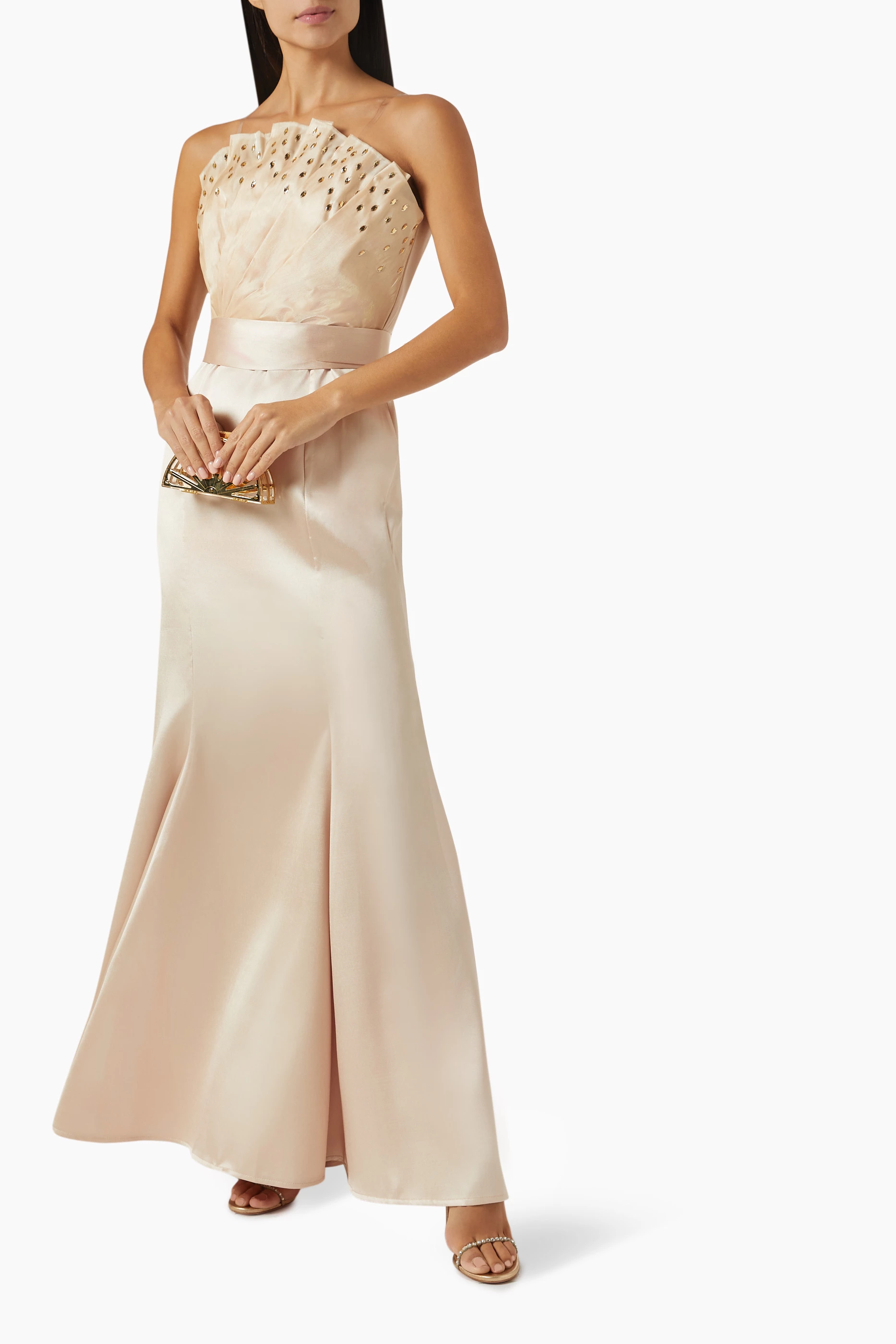 Buy NASS Gold Strapless Pleated Maxi Dress For Women Online Ounass UAE