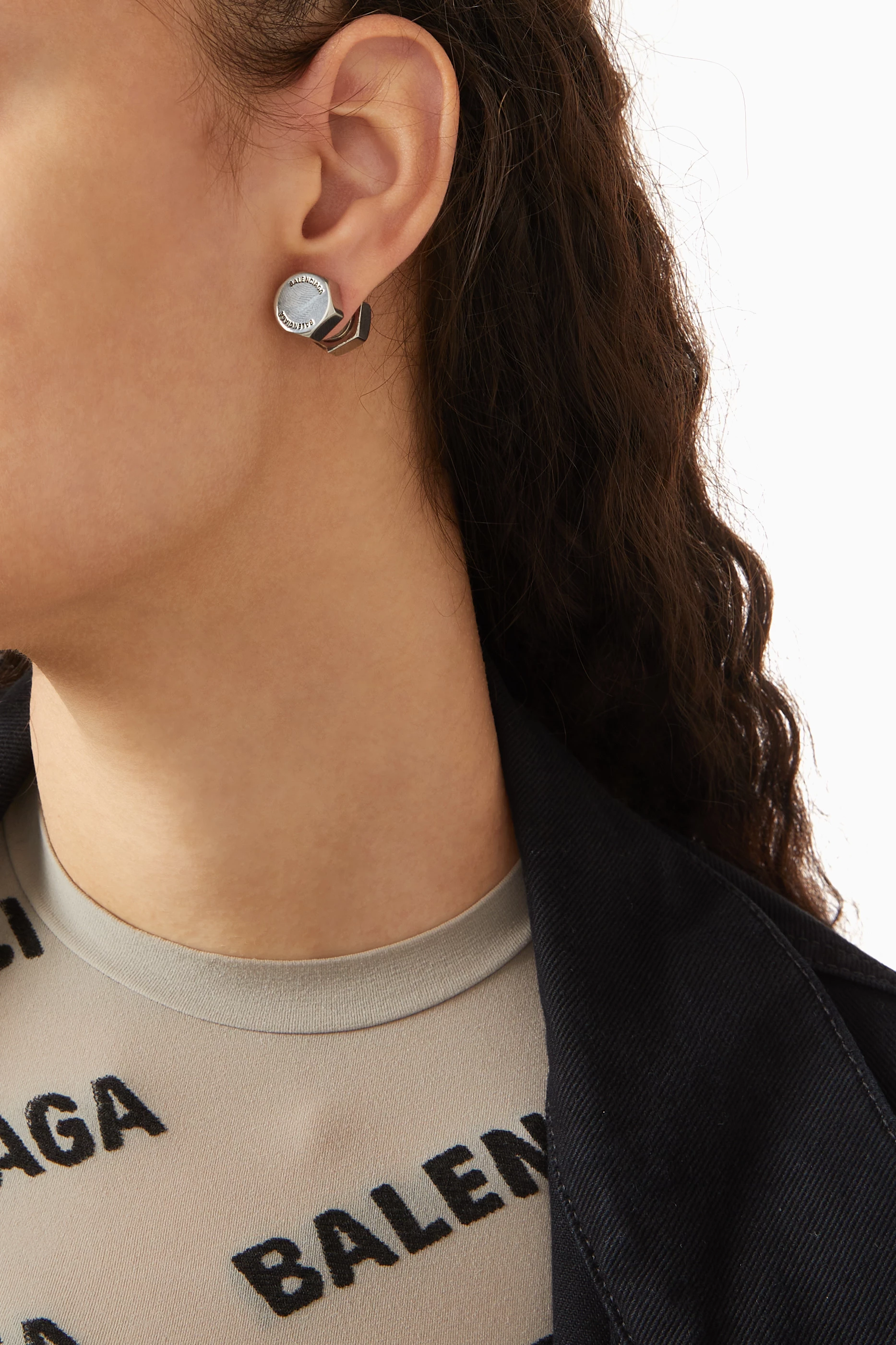 Buy Balenciaga Grey Garage Double Screw Earrings in Antique Brass