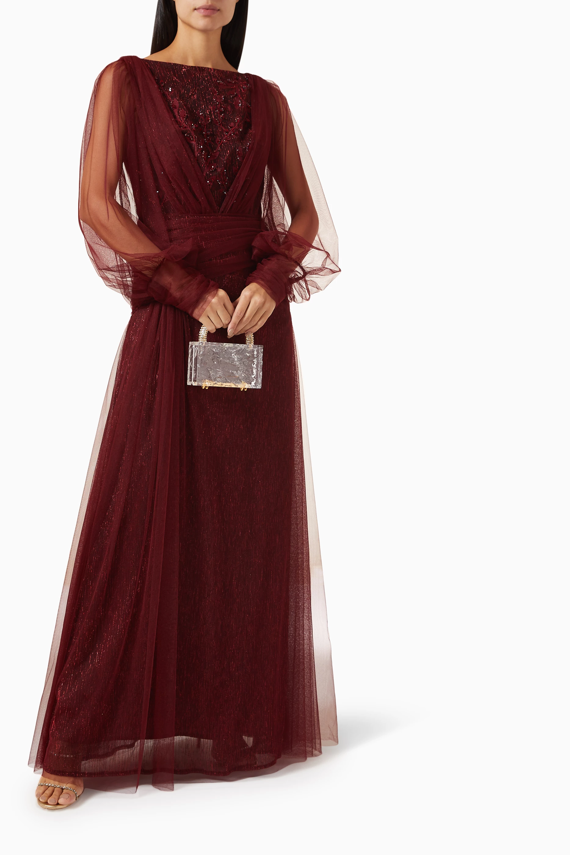 Buy NASS Burgundy Bead embellished Maxi Dress in Tulle For Women Online Ounass UAE