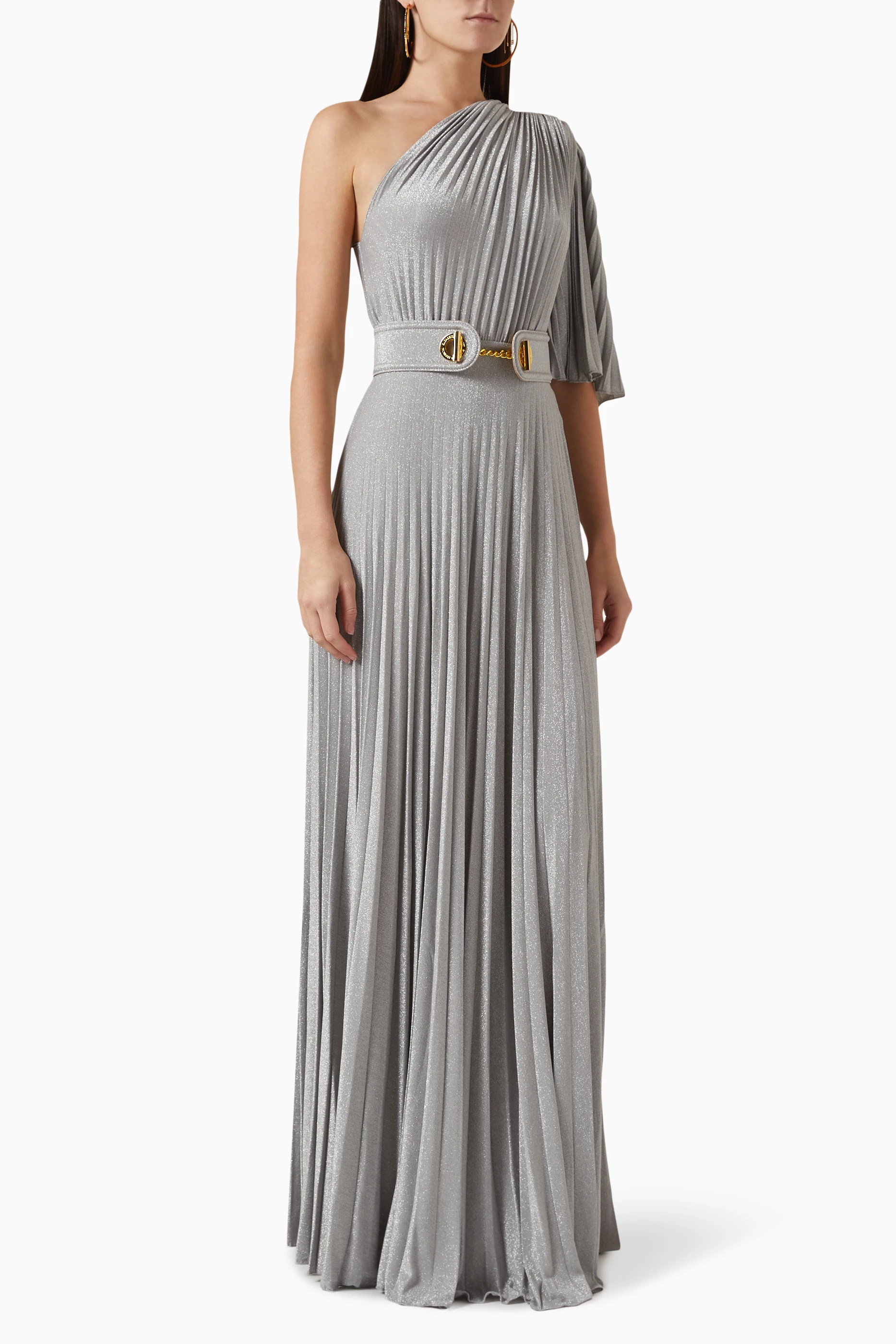 Buy Elisabetta Franchi Silver One-shoulder Pleated Maxi