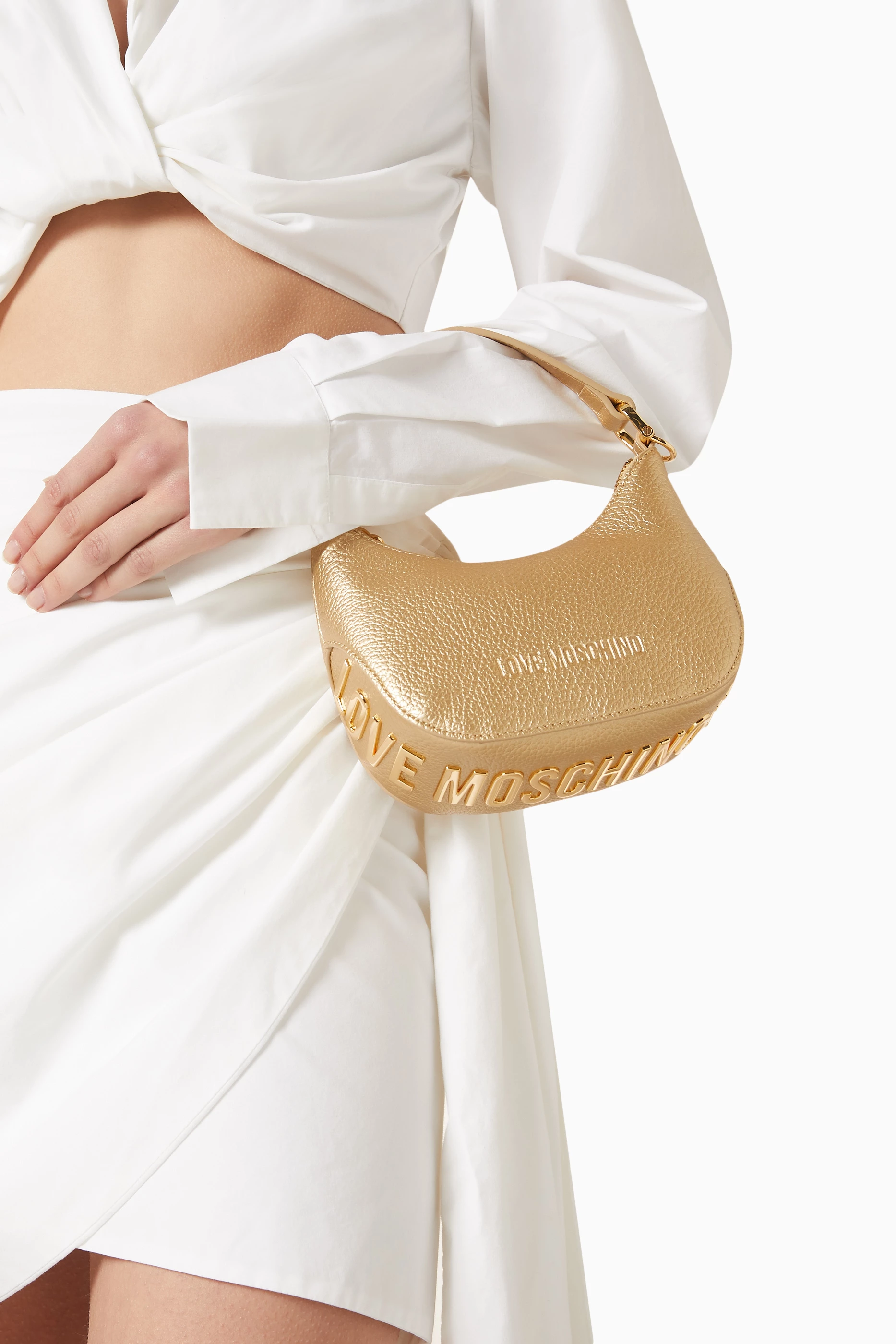 Buy Love Moschino Gold Small Shoulder Bag in Grained Faux Leather For Women Online Ounass UAE