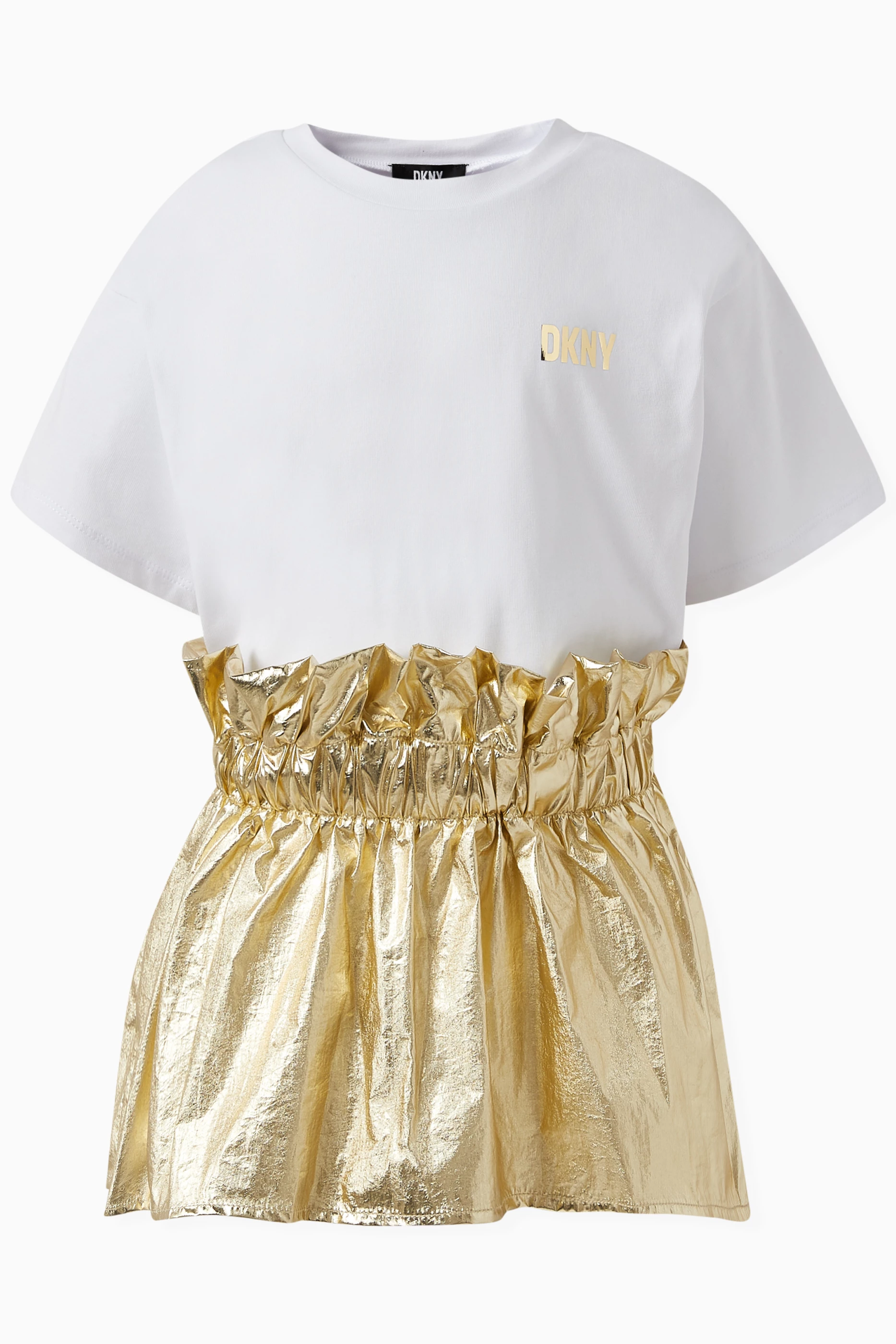 Buy DKNY White Logo print Metallic Dress in Cotton For Girls Online Ounass UAE