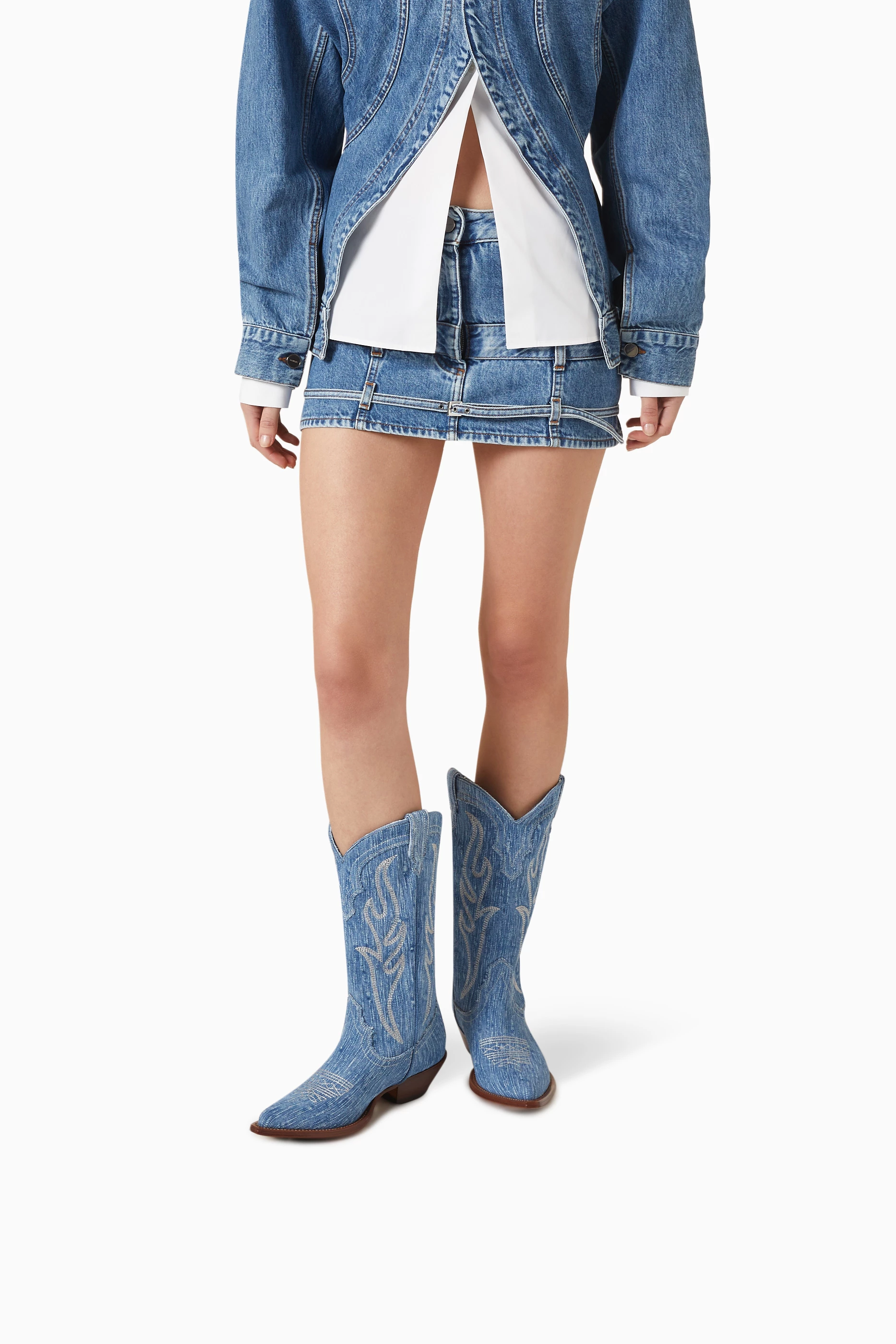 Blue leather knee high boots store