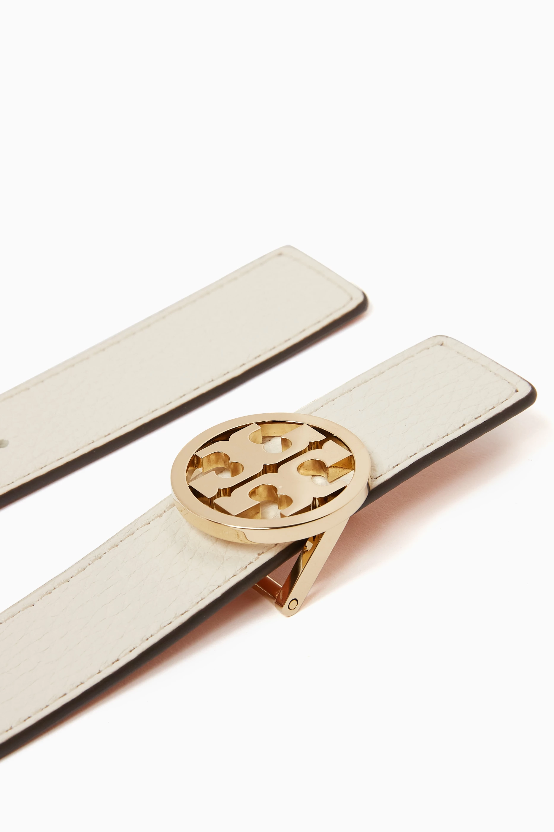 Tory Burch White Leather Belt with Gold Logo Medallion Plate Belt: Women main image 4