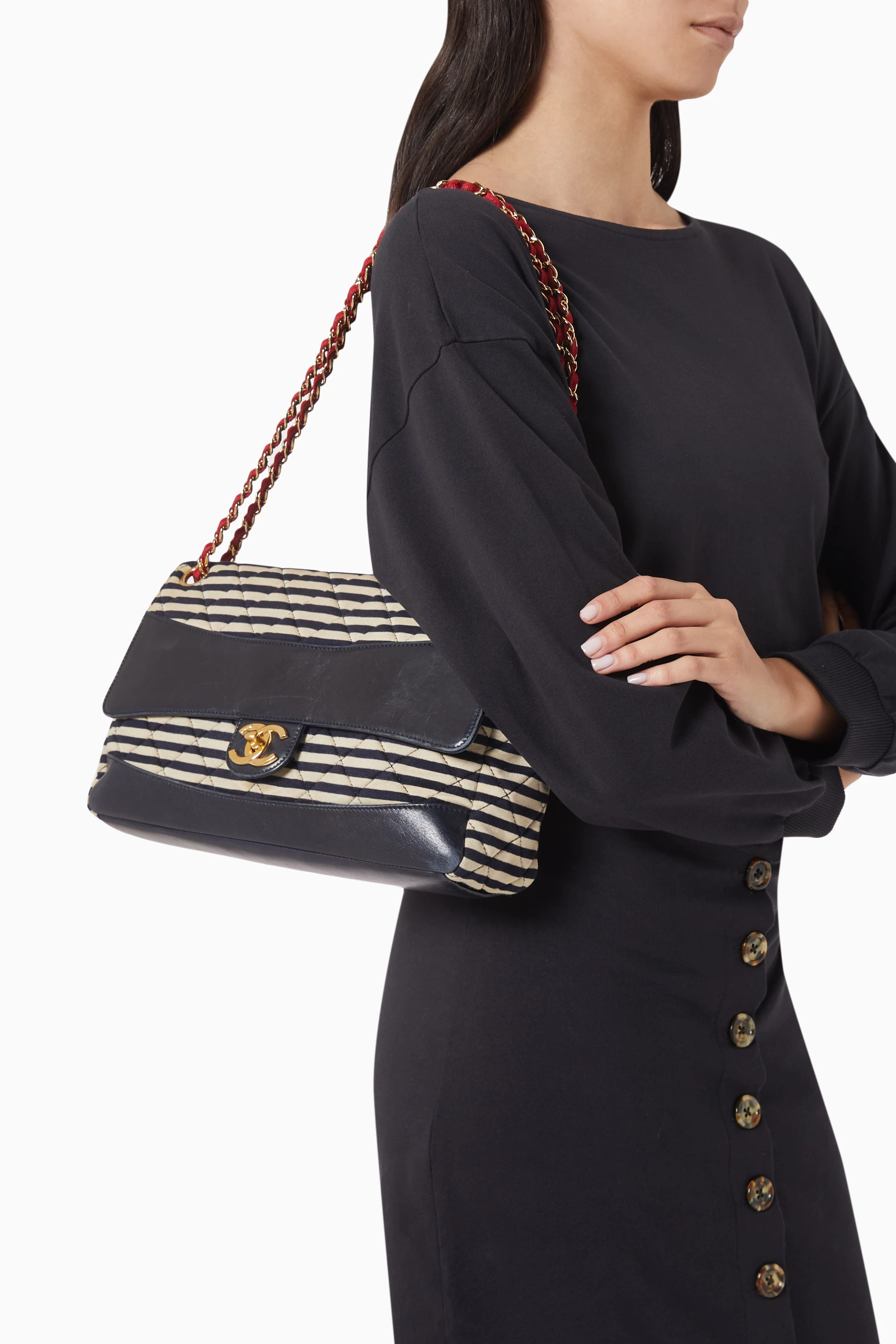 Buy Chanel Pre Loved Blue Chanel Striped Flap Bag in Jersey Lambskin For Women Online Ounass UAE