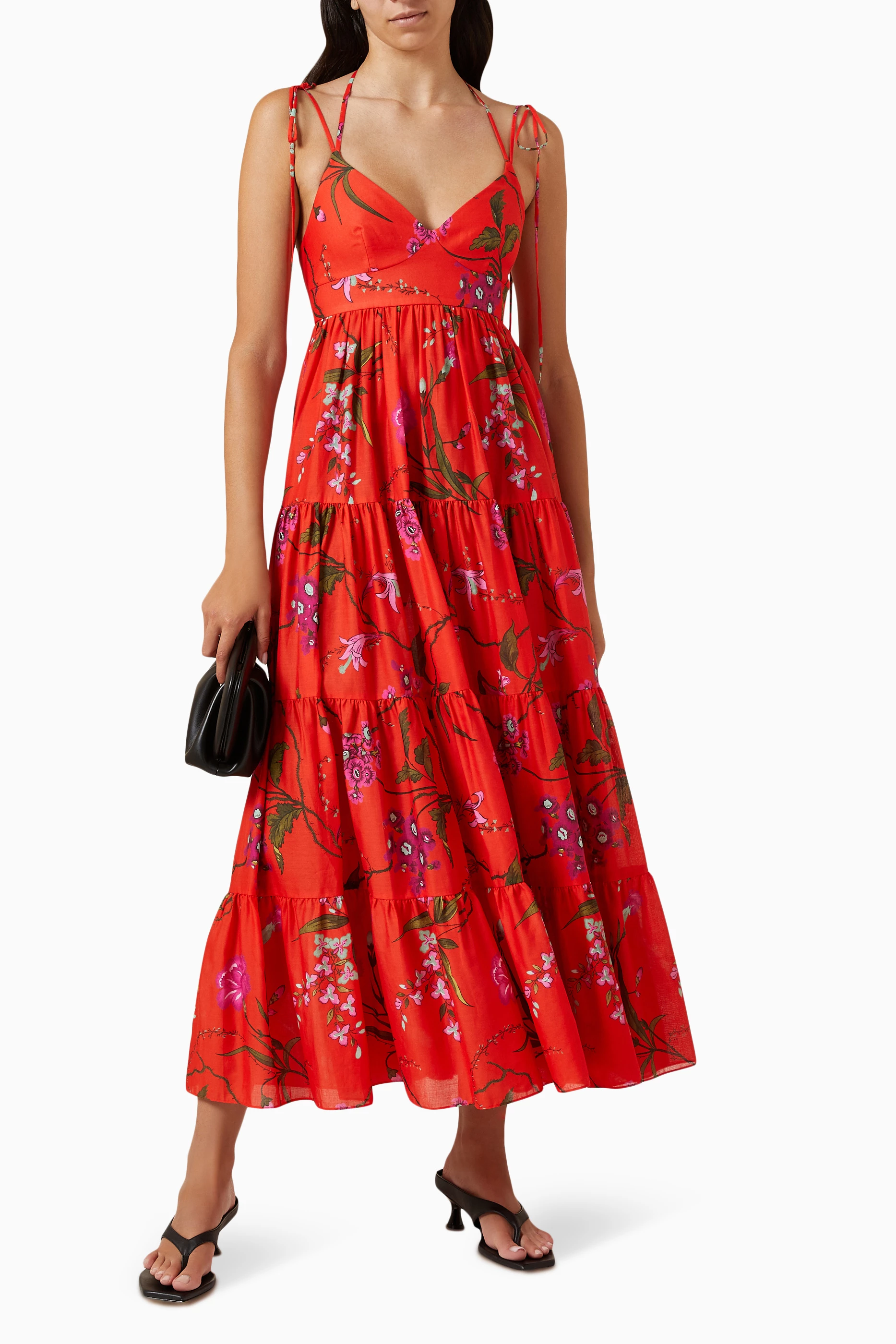 Buy Erdem Red Floral print Midi Dress in Cotton linen For Women Online Ounass UAE