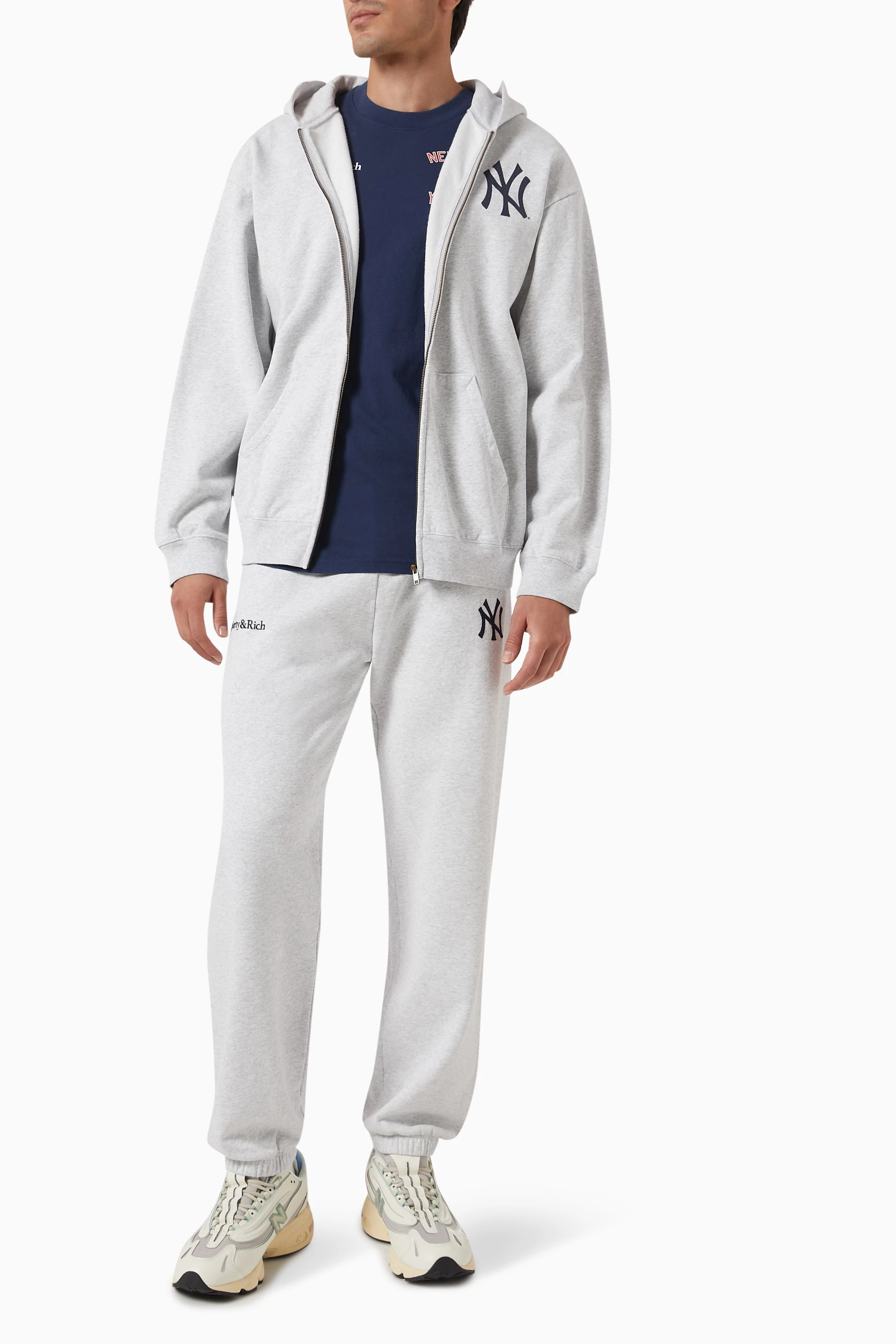 Buy Sporty & Rich Grey Yankees Serif Zip Hoodie in Cotton