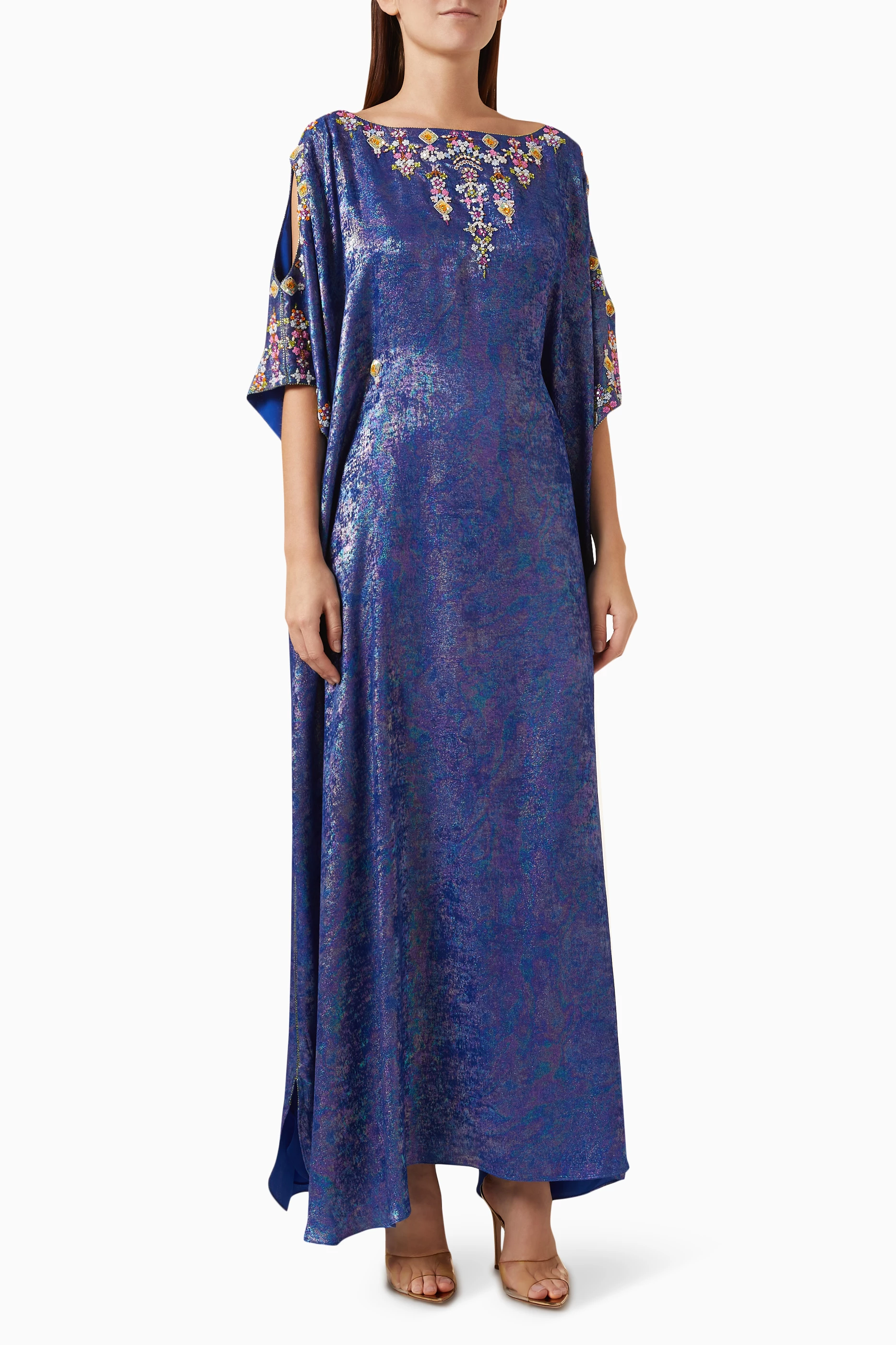 Buy Designer s Empire Blue Bead embellished Maxi Dress in Metallic crepe For Women Online Ounass UAE