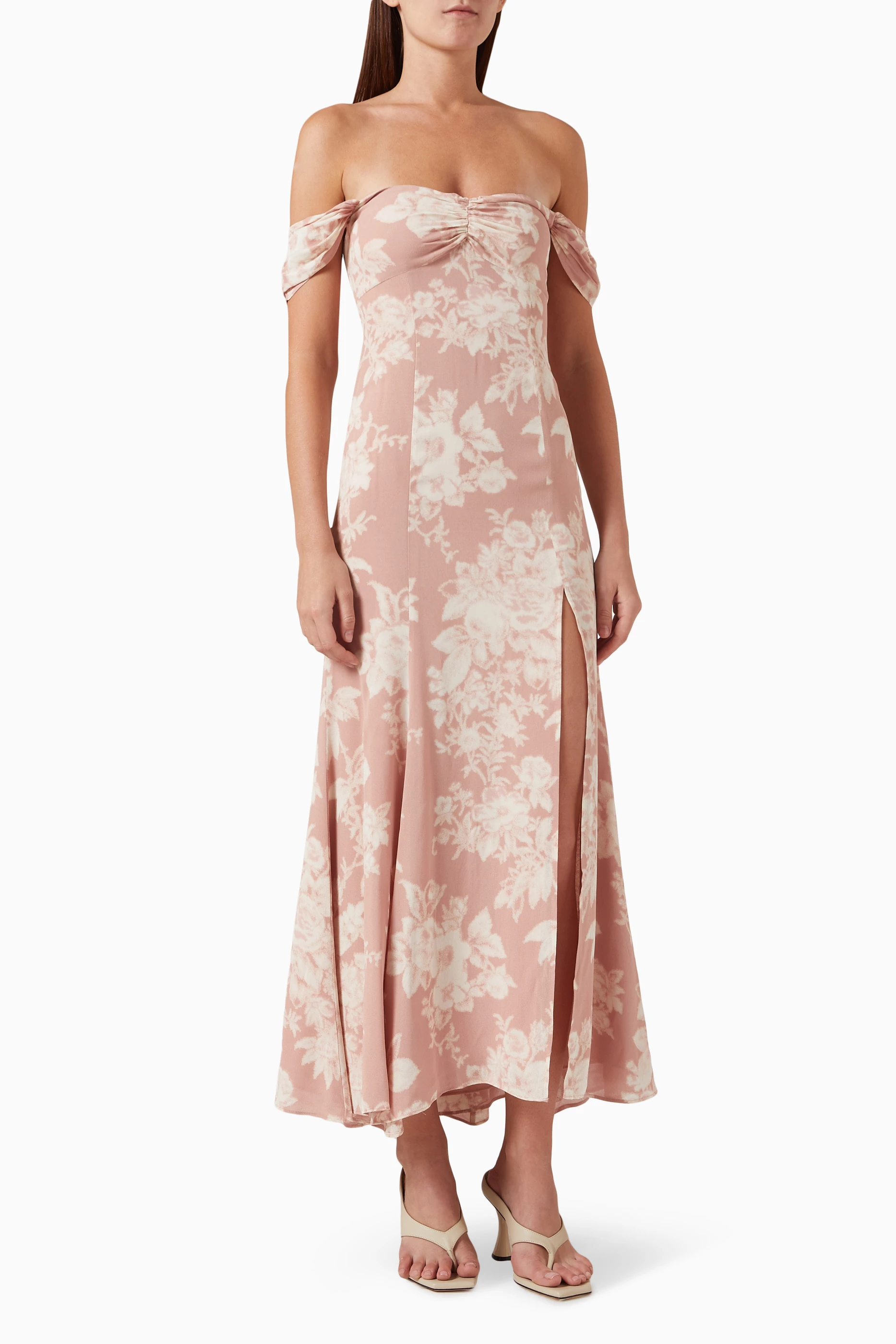 Buy Reformation Pink Ember Off shoulder Midi Dress in Georgette For Women Online Ounass UAE