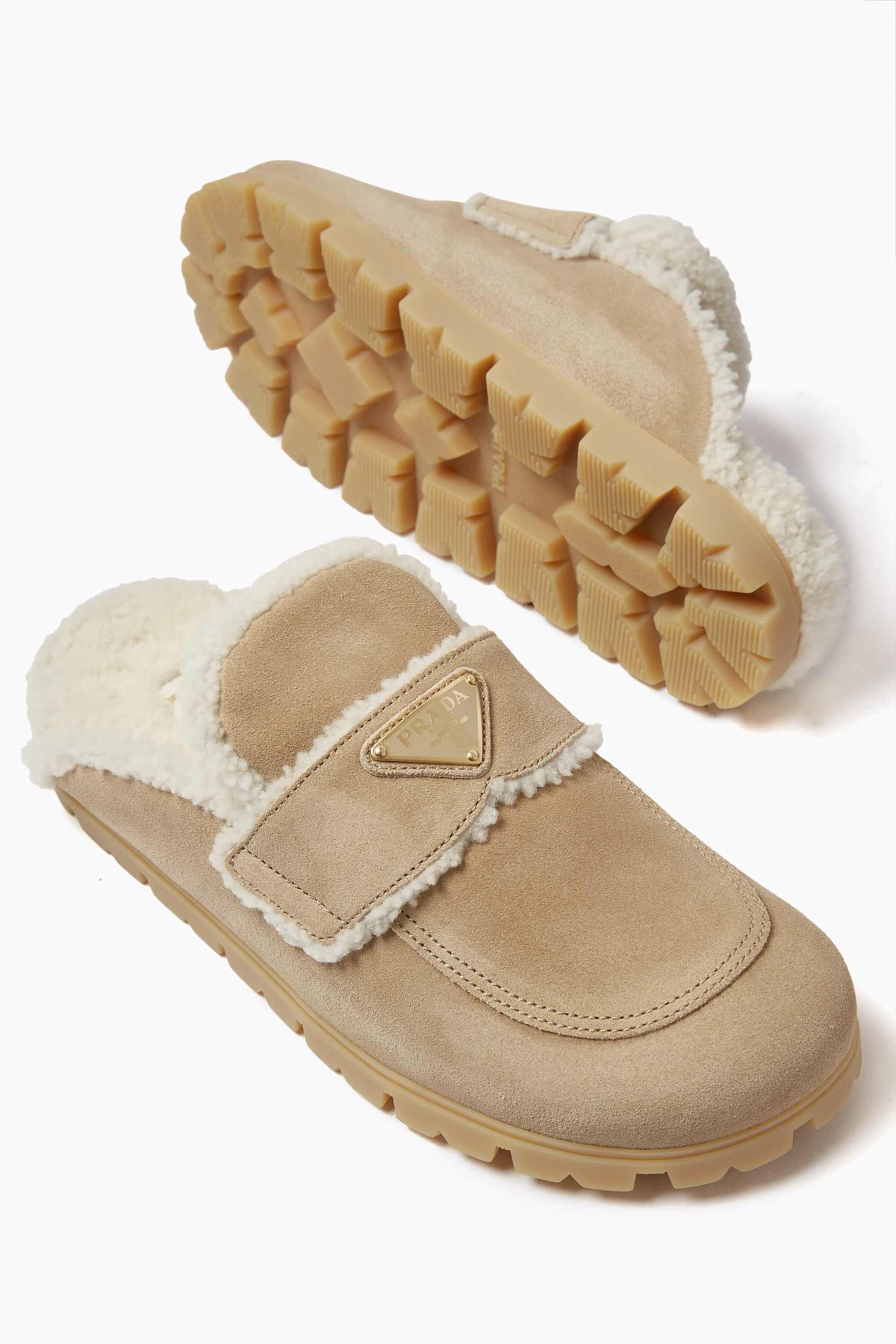 Buy Prada Neutral Fussbett Flat Slippers in Suede For Women Online Ounass UAE