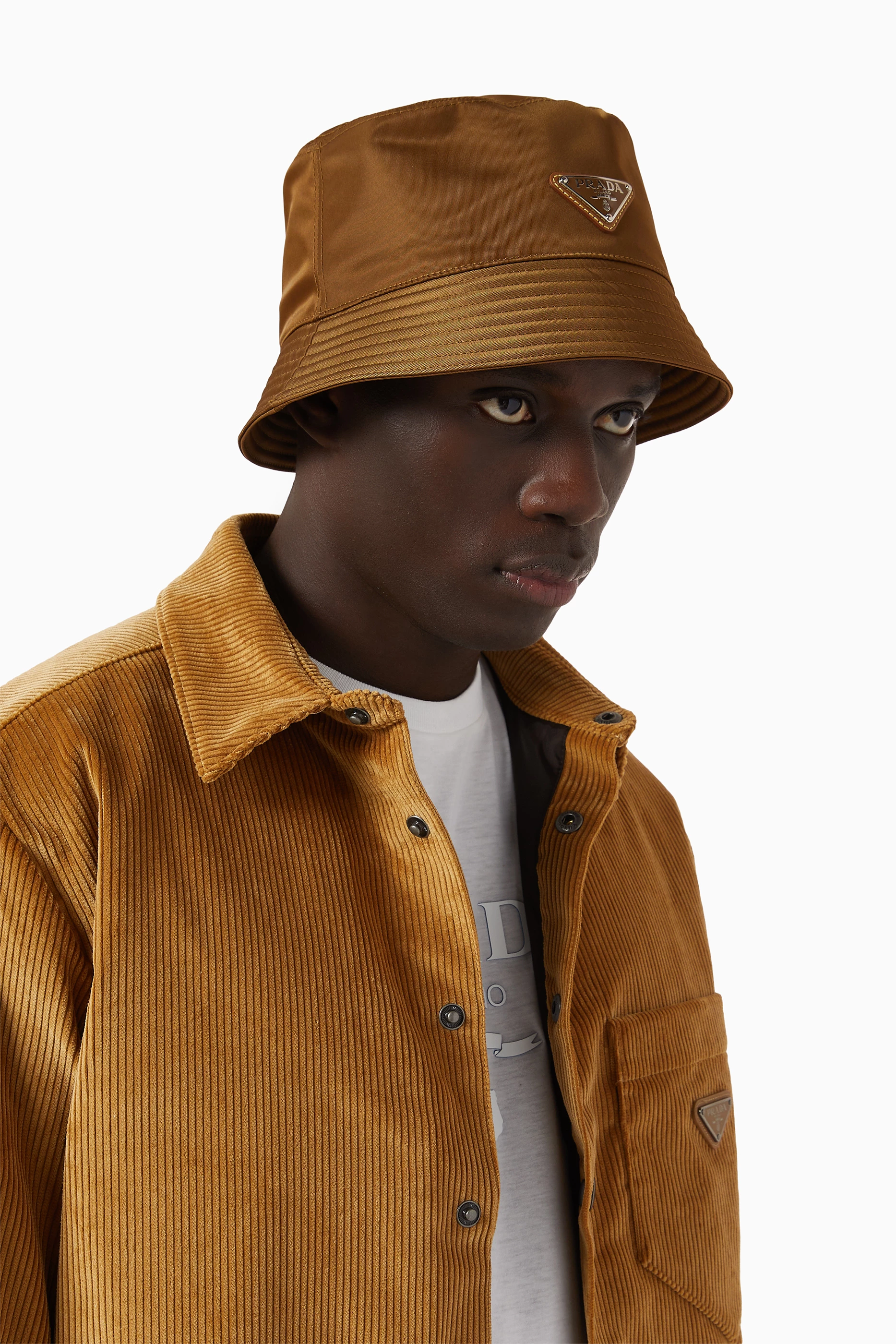 Buy Prada Neutral Triangle Logo Bucket Hat in Re-nylon For Men