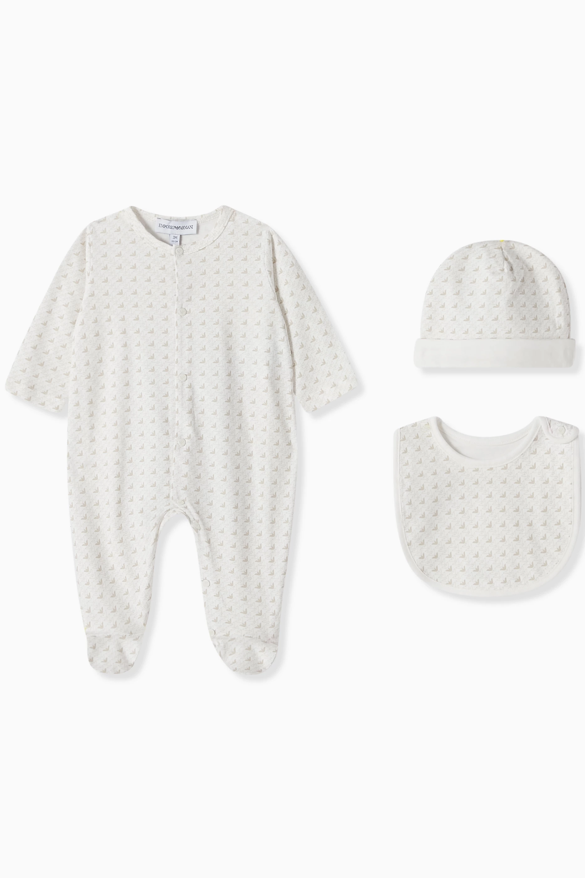 Buy Emporio Armani Neutral All over Logo Sleepsuit Bib Hat Set in Cotton For Baby Boys Online Ounass UAE