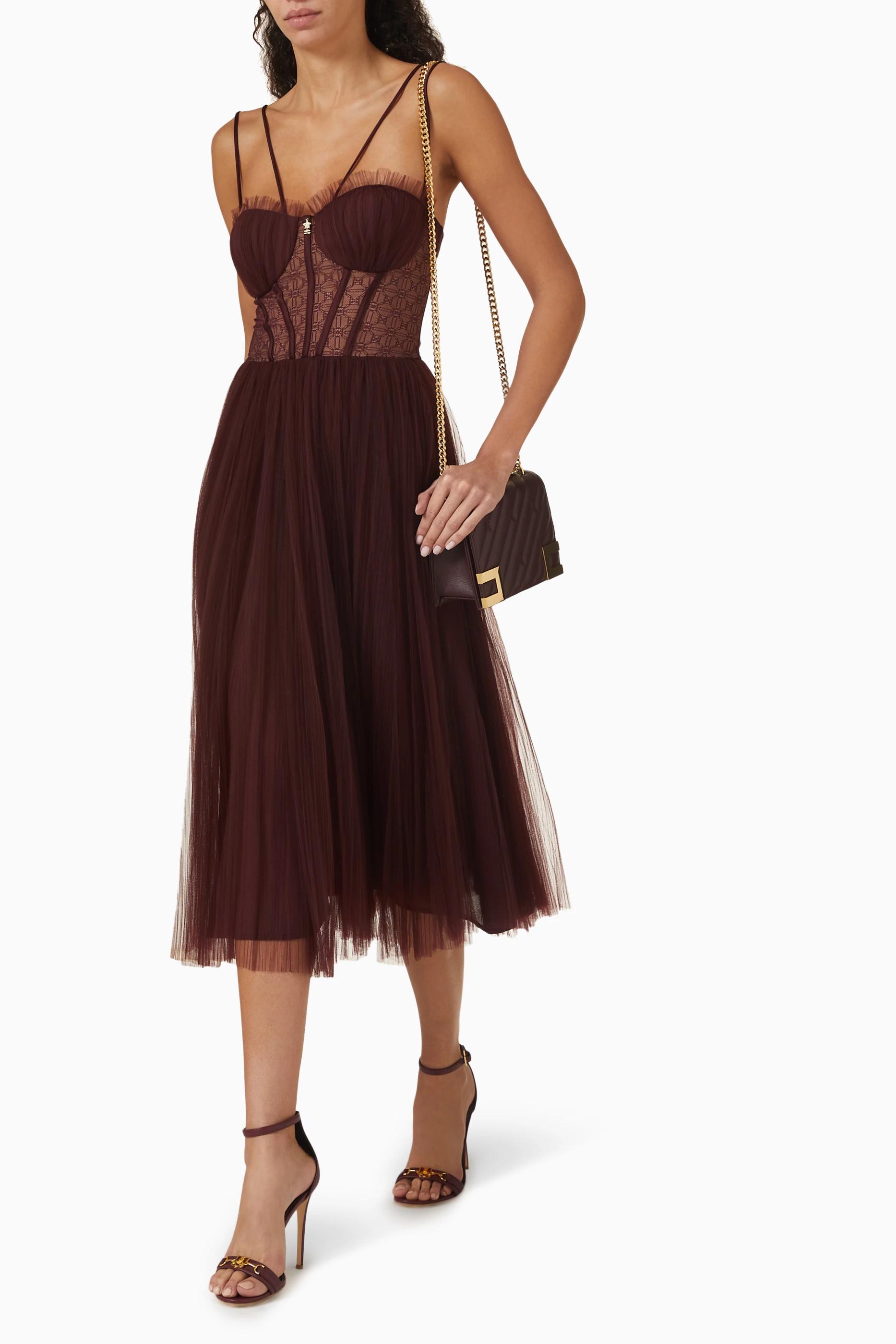 Buy Elisabetta Franchi Burgundy Bustier Midi Dress in Tulle For Women Online Ounass UAE